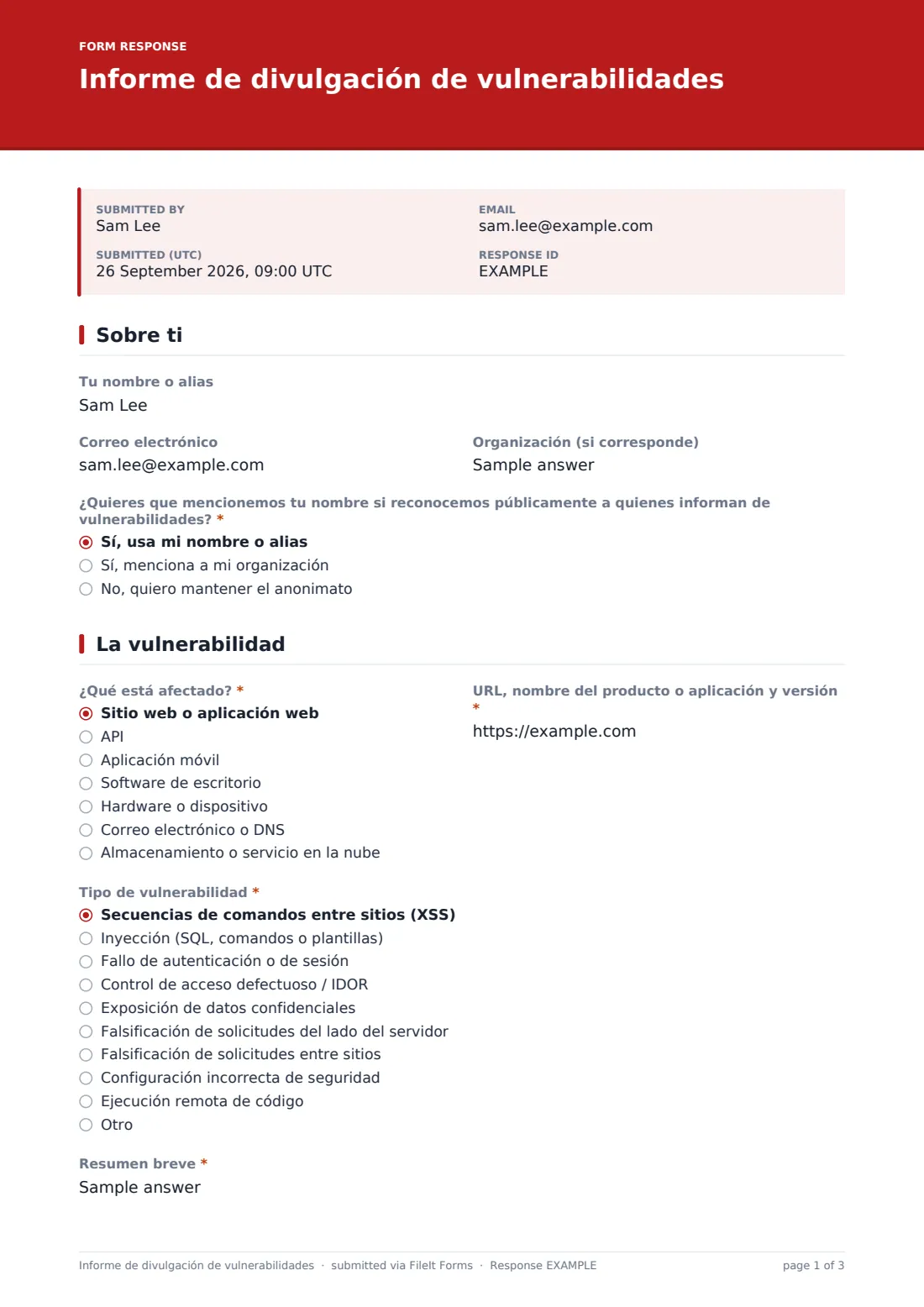 Informe de divulgación de vulnerabilidades — PDF de respuesta de ejemplo, página 1 de 3