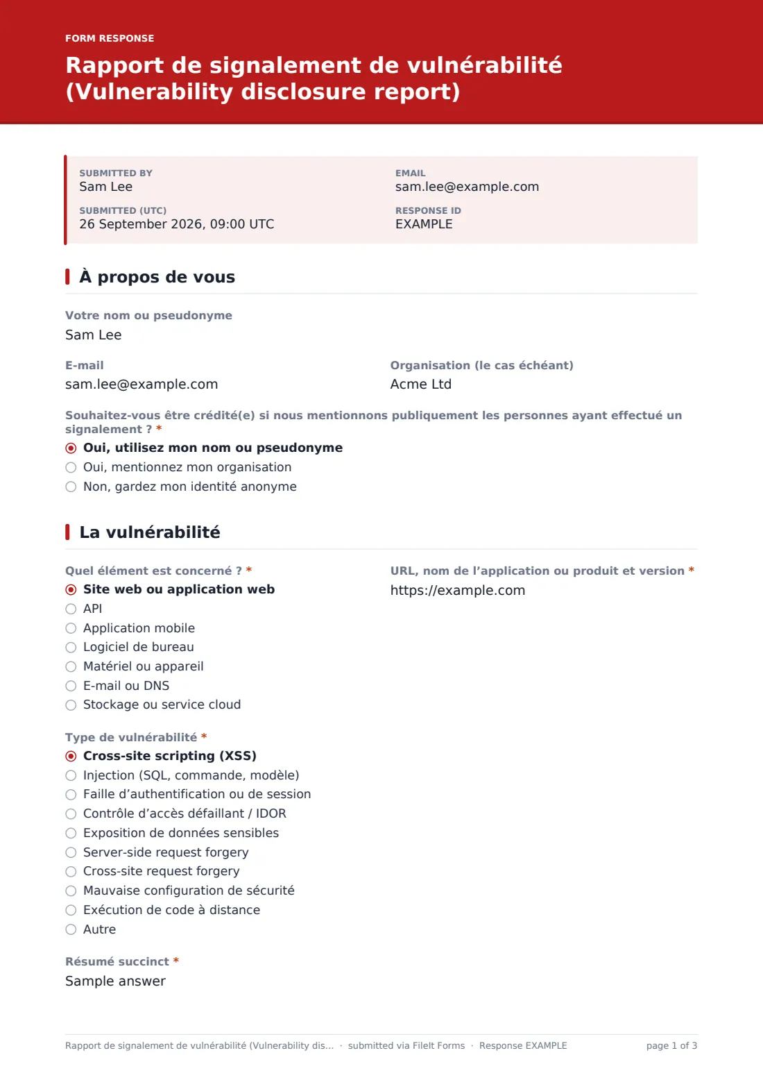 Rapport de signalement de vulnérabilité (Vulnerability disclosure report) — exemple de réponse au format PDF, page 1 sur 3