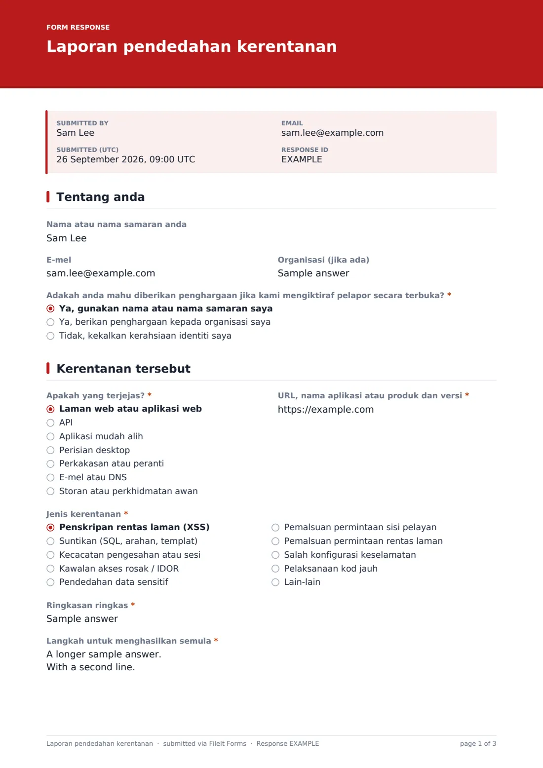Laporan pendedahan kerentanan — PDF respons contoh, halaman 1 daripada 3