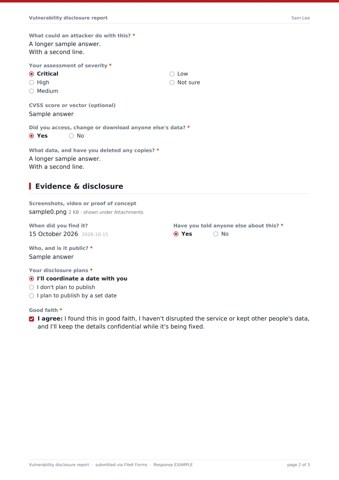 Vulnerability disclosure report — example response PDF, page 2 of 3