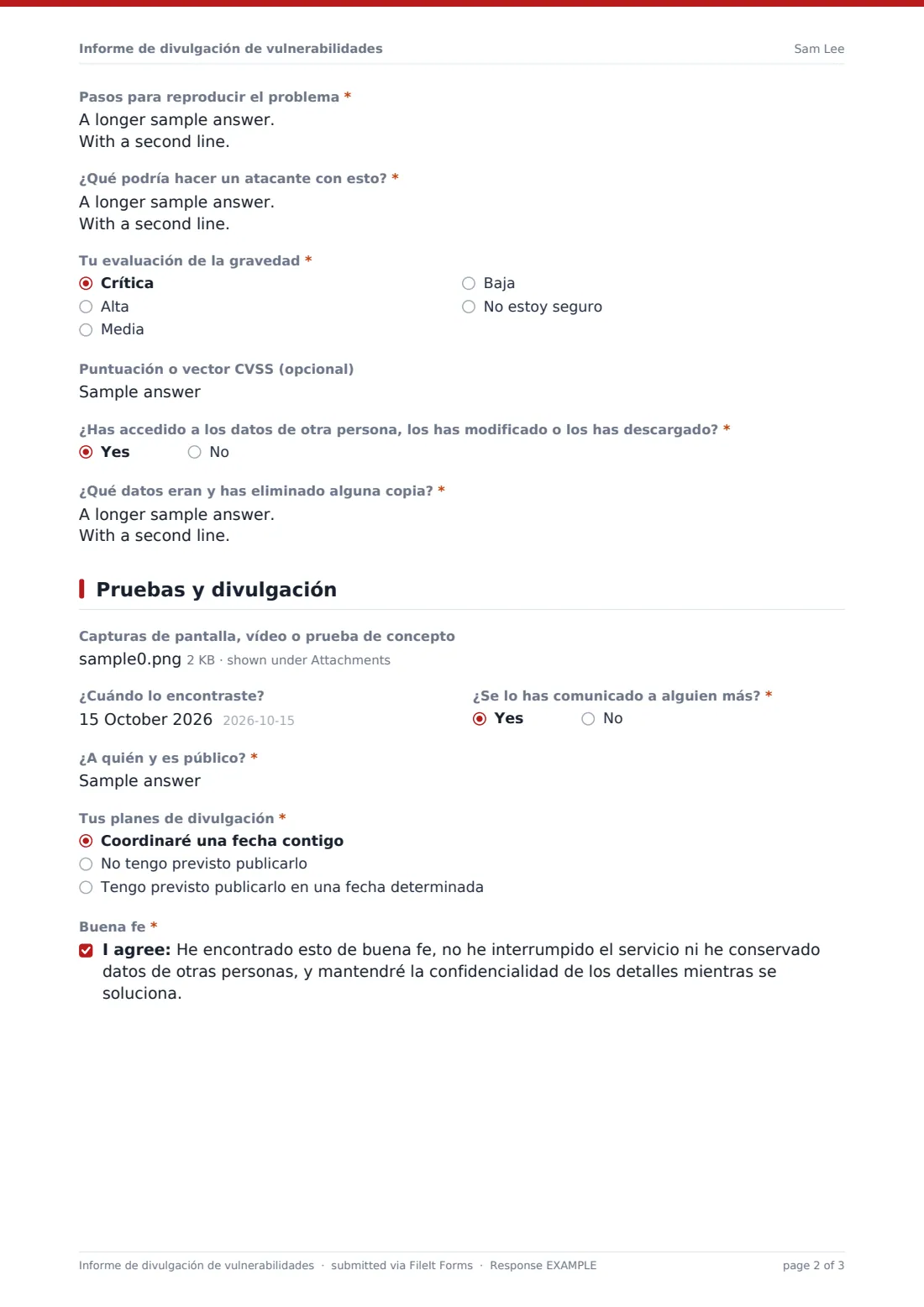 Informe de divulgación de vulnerabilidades — PDF de respuesta de ejemplo, página 2 de 3