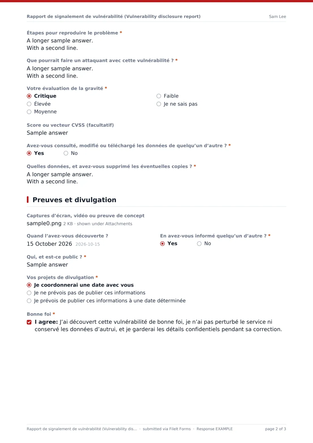 Rapport de signalement de vulnérabilité (Vulnerability disclosure report) — exemple de réponse au format PDF, page 2 sur 3