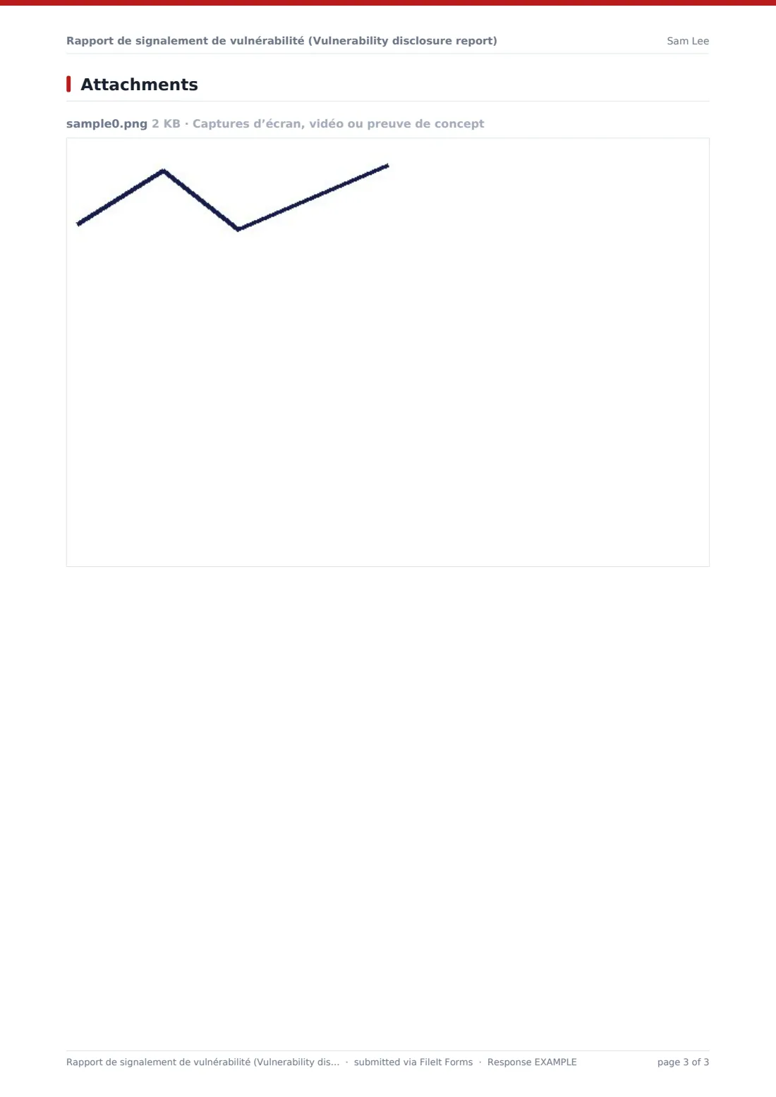 Rapport de signalement de vulnérabilité (Vulnerability disclosure report) — exemple de réponse au format PDF, page 3 sur 3