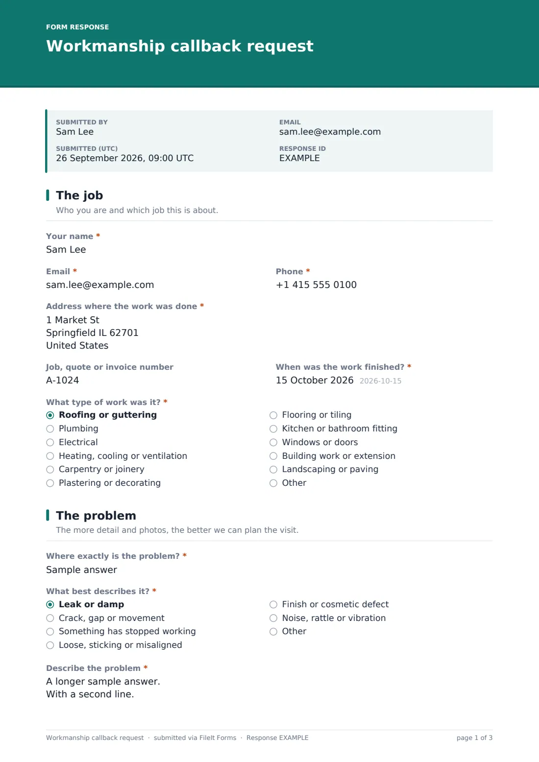 Workmanship callback request — example response PDF, page 1 of 3