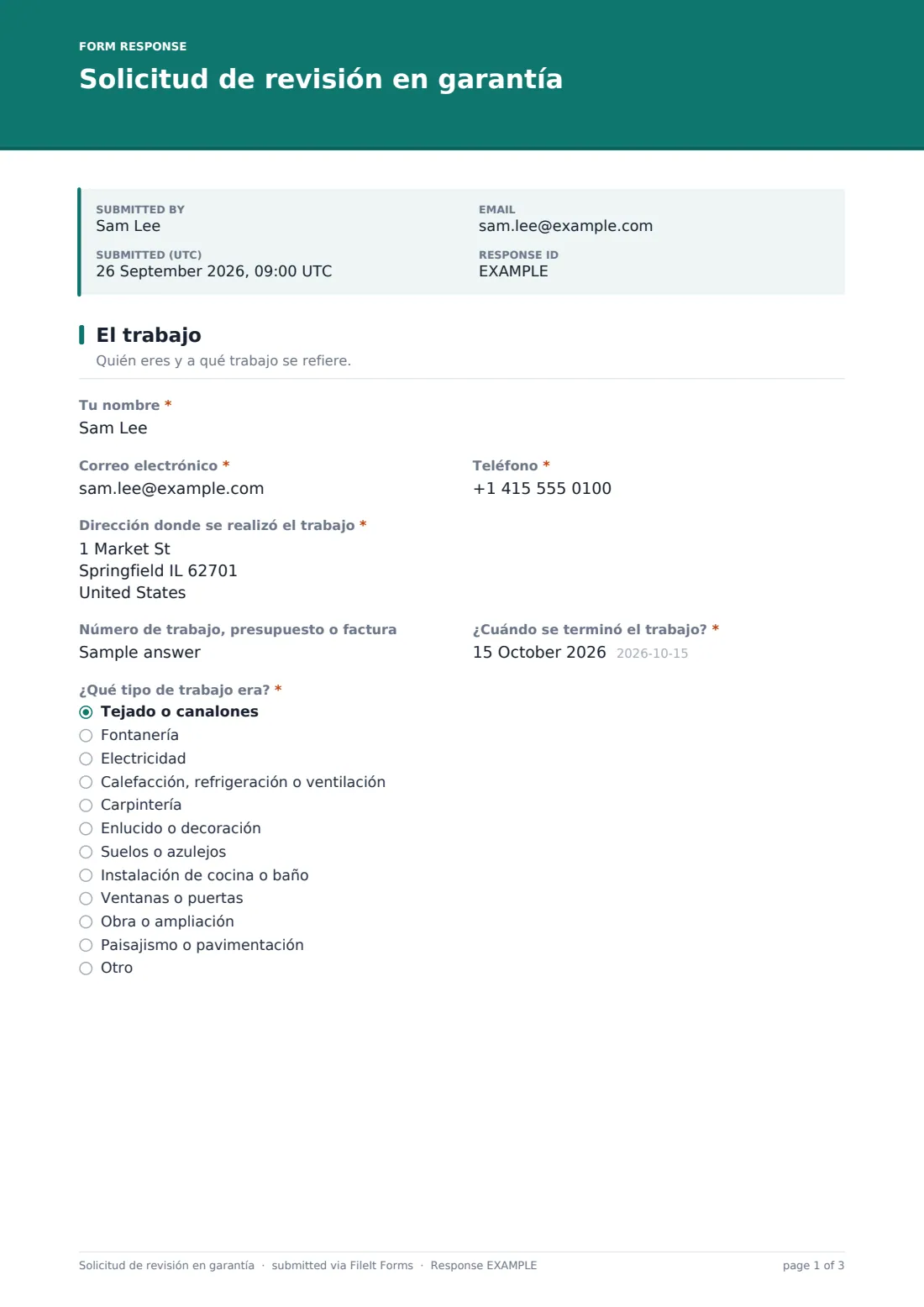Solicitud de revisión en garantía — PDF de respuesta de ejemplo, página 1 de 3