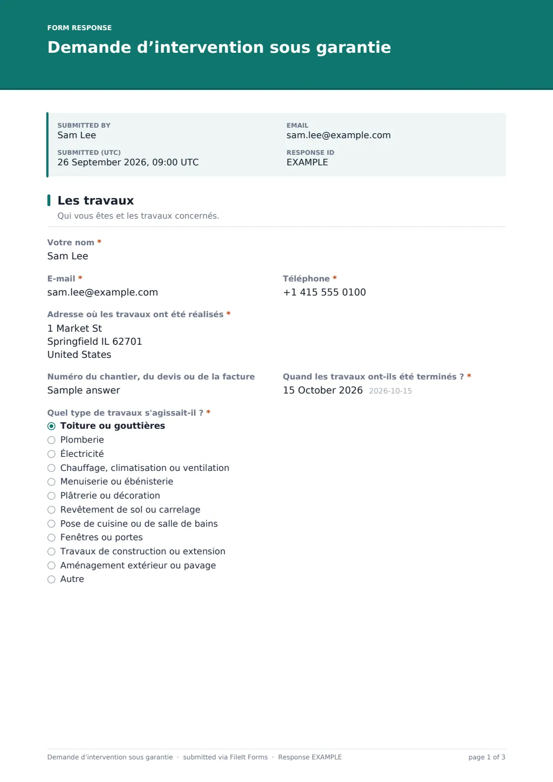 Demande d’intervention sous garantie — exemple de réponse au format PDF, page 1 sur 3
