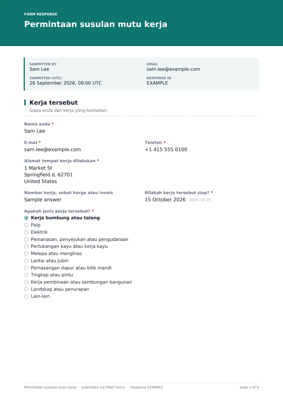 Permintaan susulan mutu kerja — PDF respons contoh, halaman 1 daripada 4