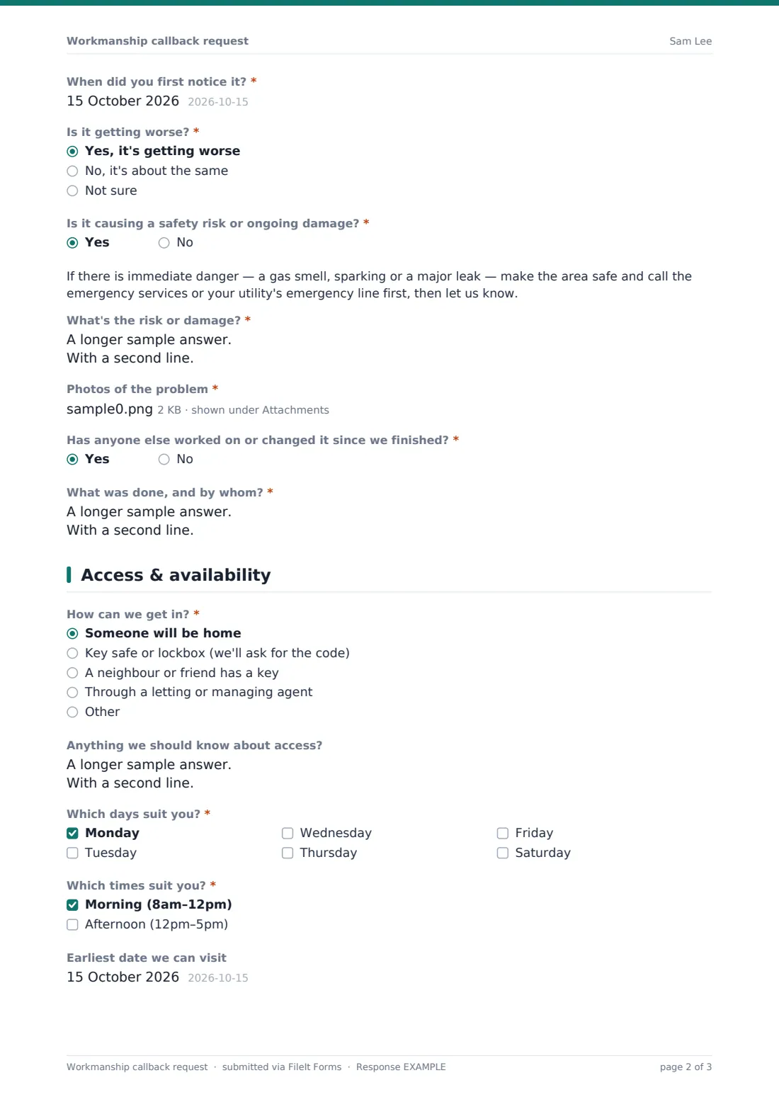 Workmanship callback request — example response PDF, page 2 of 3