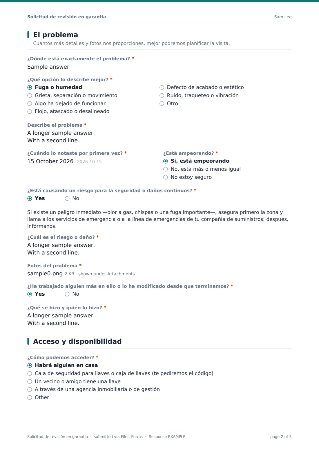 Solicitud de revisión en garantía — PDF de respuesta de ejemplo, página 2 de 3