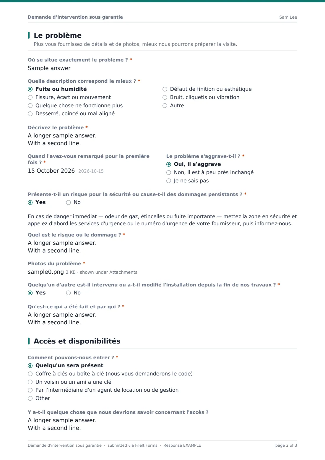 Demande d’intervention sous garantie — exemple de réponse au format PDF, page 2 sur 3