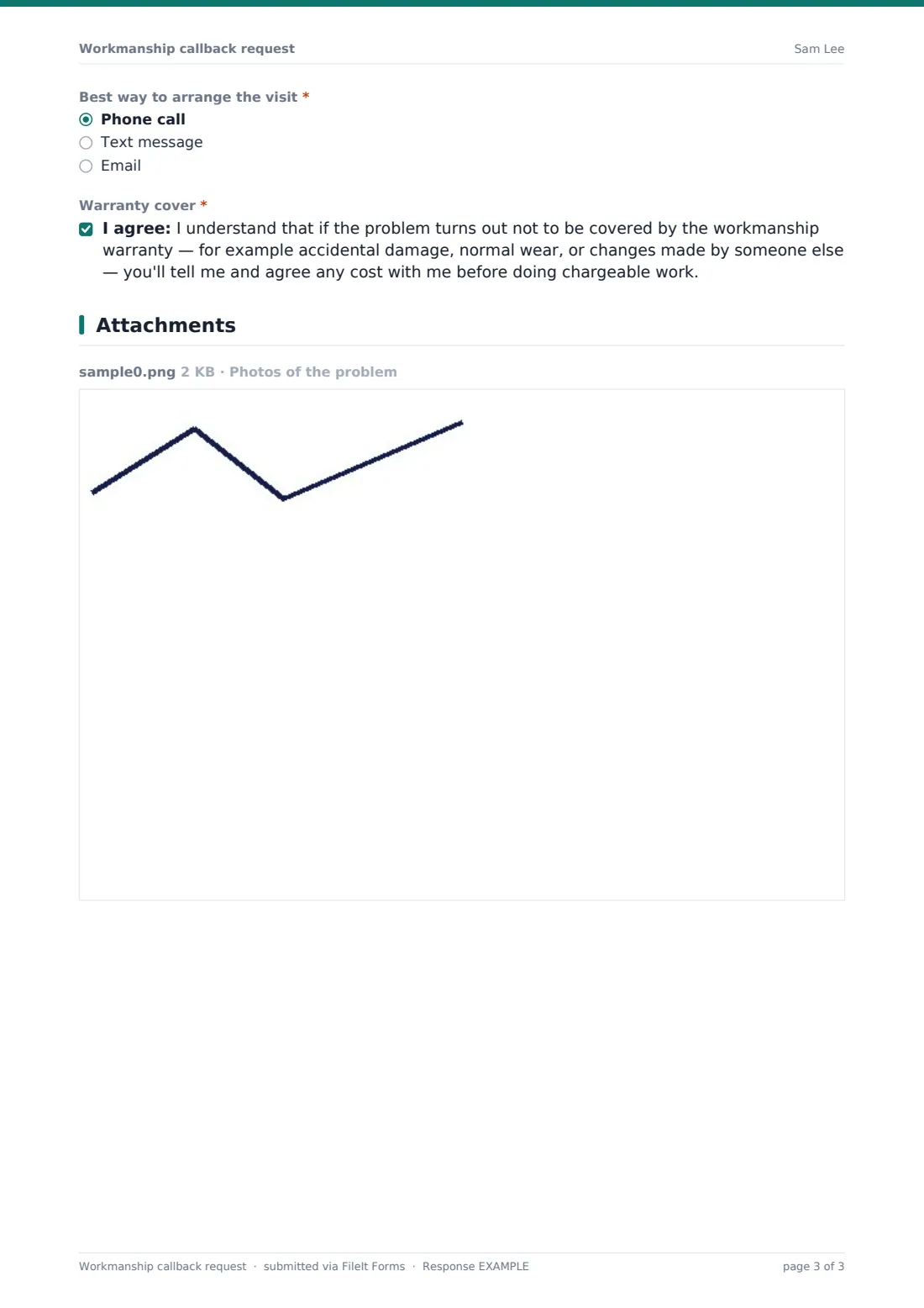 Workmanship callback request — example response PDF, page 3 of 3
