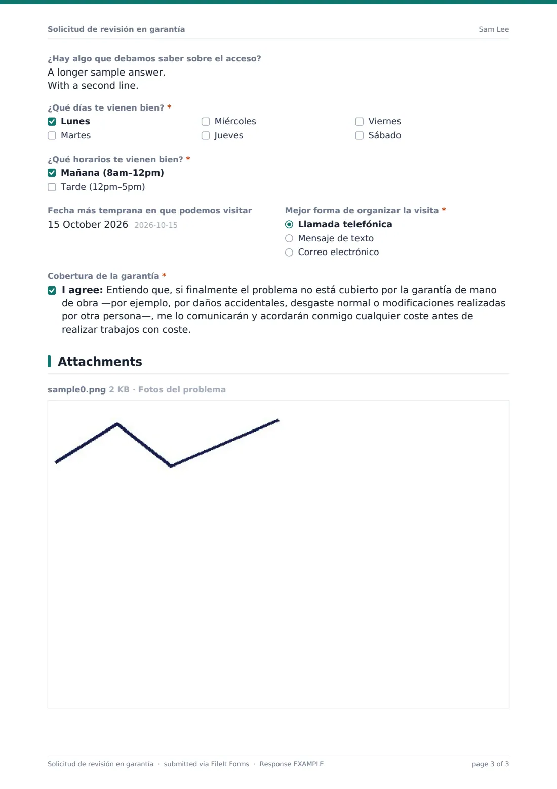 Solicitud de revisión en garantía — PDF de respuesta de ejemplo, página 3 de 3