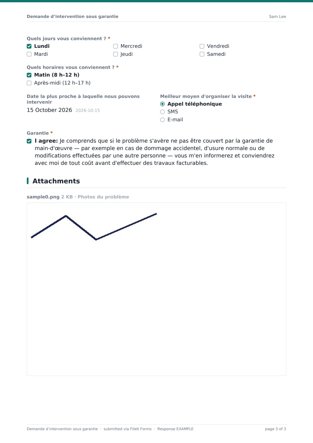 Demande d’intervention sous garantie — exemple de réponse au format PDF, page 3 sur 3