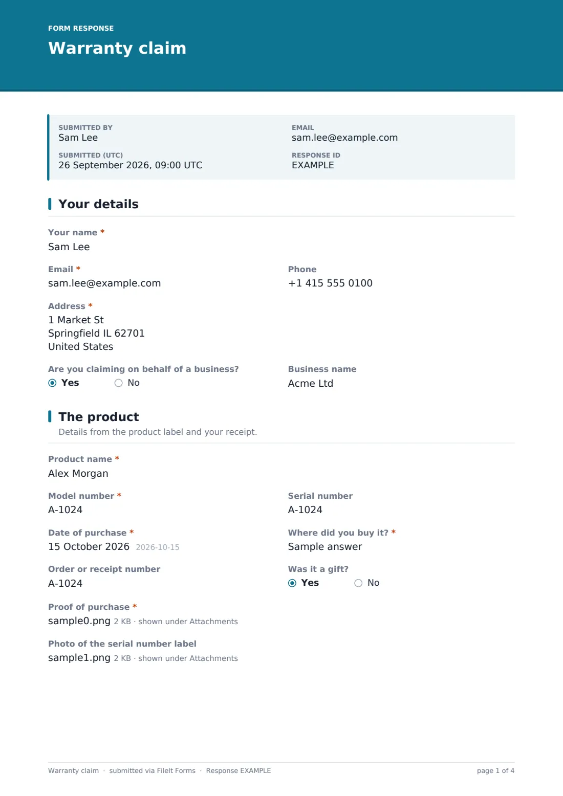 Warranty claim — example response PDF, page 1 of 4