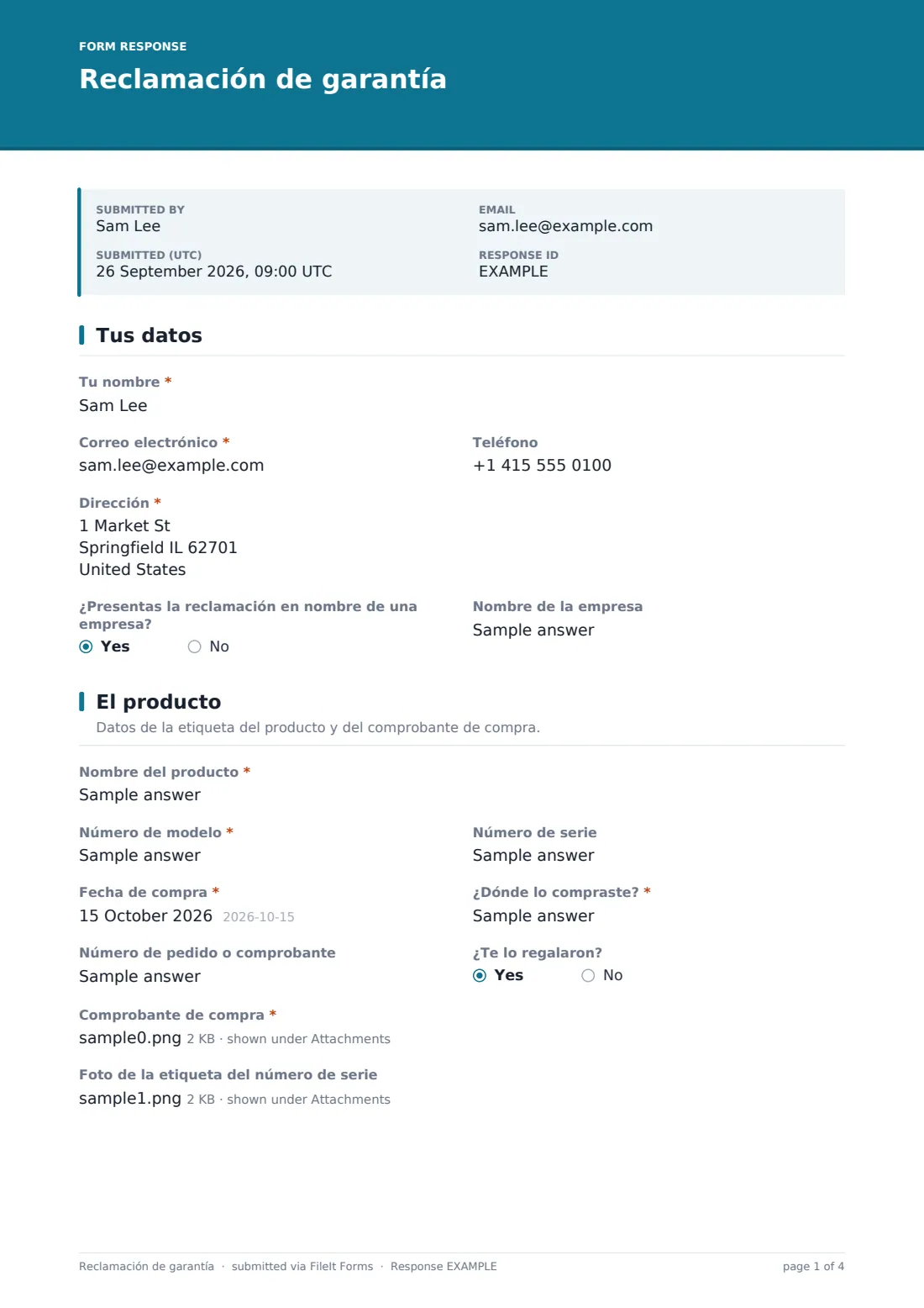 Reclamación de garantía — PDF de respuesta de ejemplo, página 1 de 4