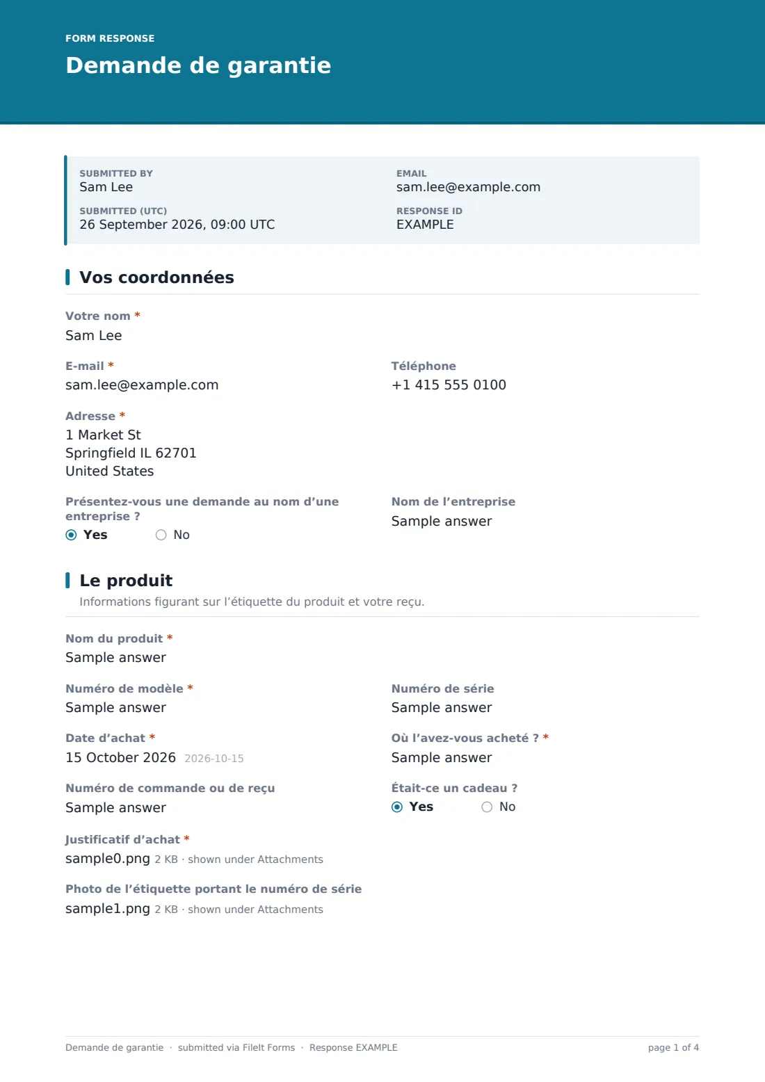 Demande de garantie — exemple de réponse au format PDF, page 1 sur 4