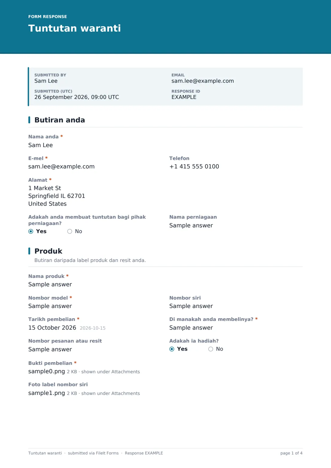 Tuntutan waranti — PDF respons contoh, halaman 1 daripada 4