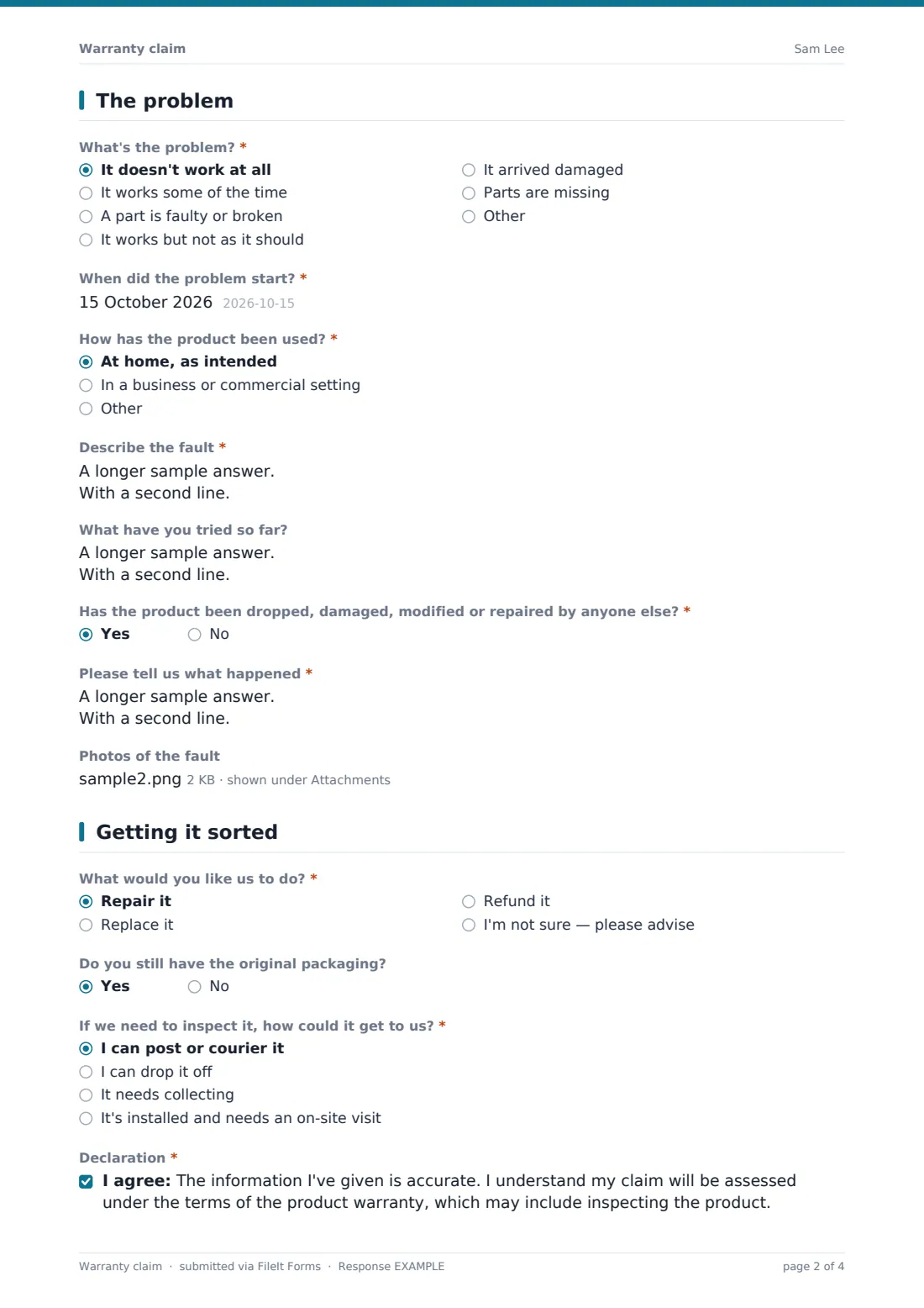 Warranty claim — example response PDF, page 2 of 4
