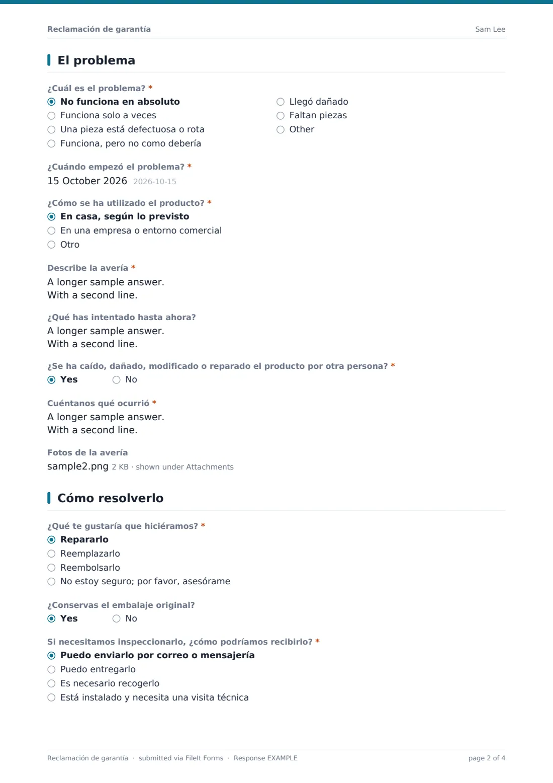 Reclamación de garantía — PDF de respuesta de ejemplo, página 2 de 4