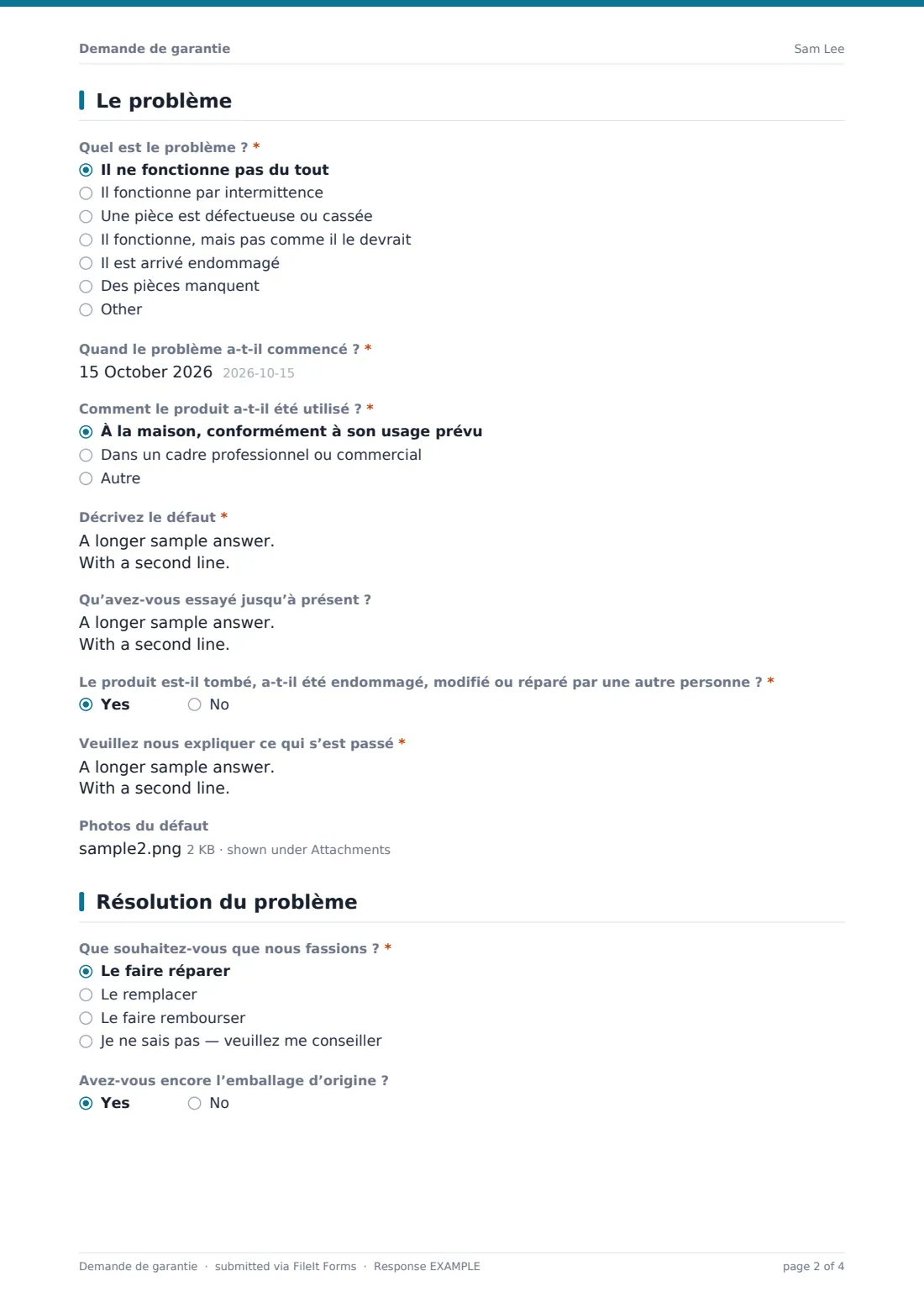 Demande de garantie — exemple de réponse au format PDF, page 2 sur 4