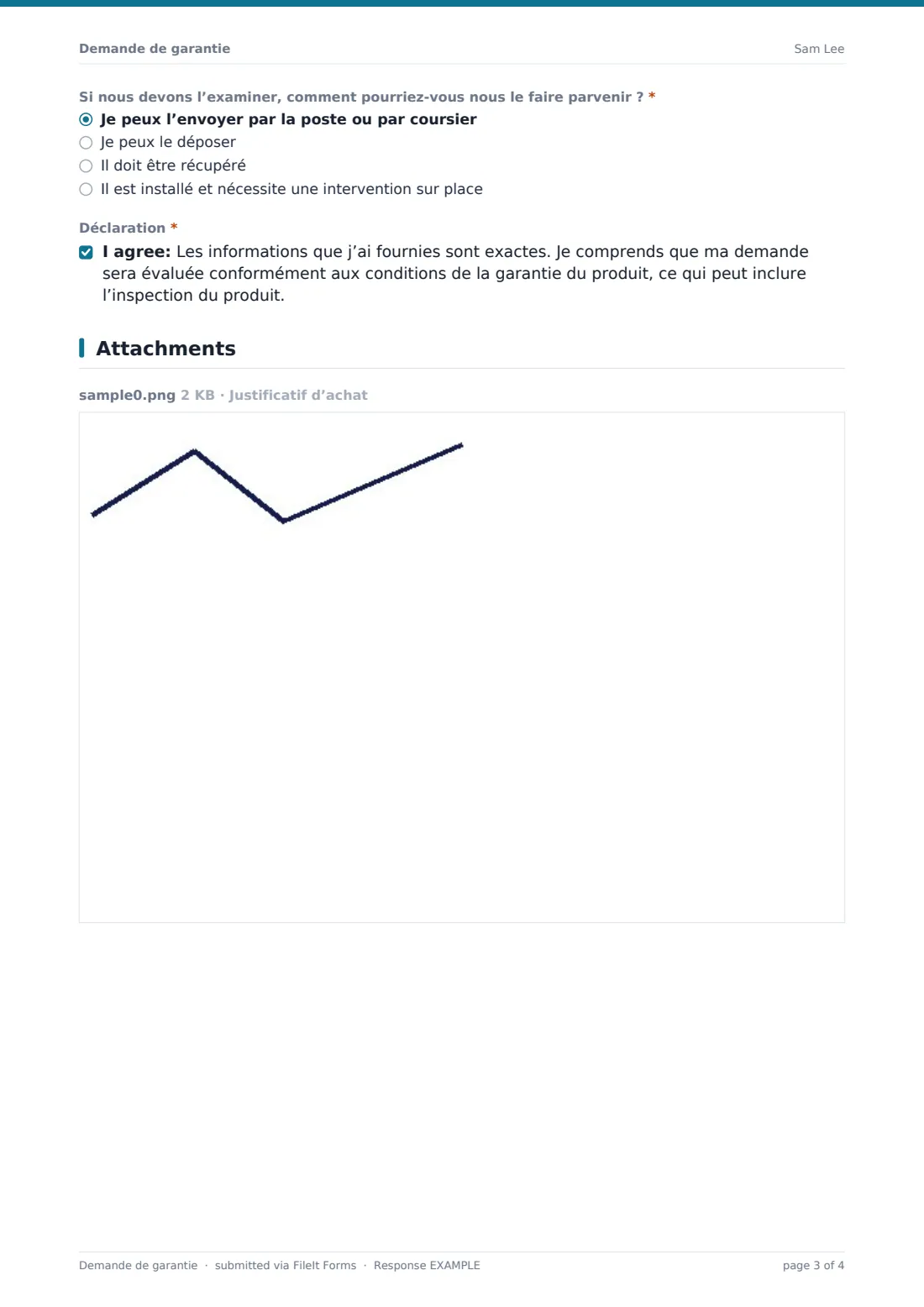 Demande de garantie — exemple de réponse au format PDF, page 3 sur 4