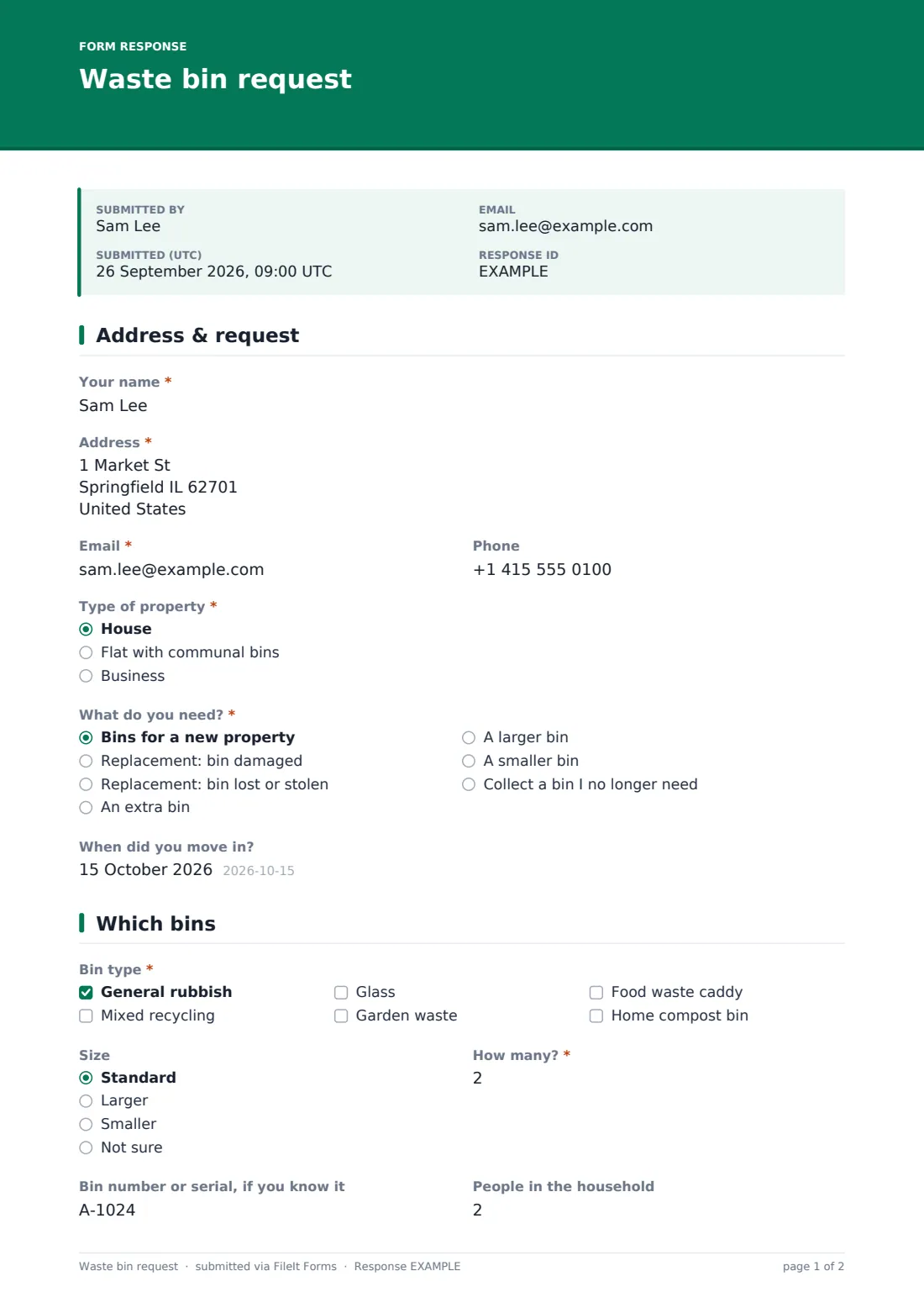 Waste bin request — example response PDF, page 1 of 2