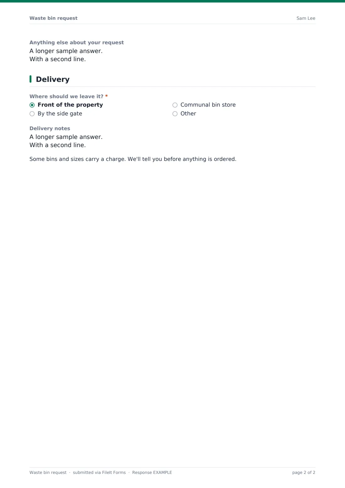 Waste bin request — example response PDF, page 2 of 2