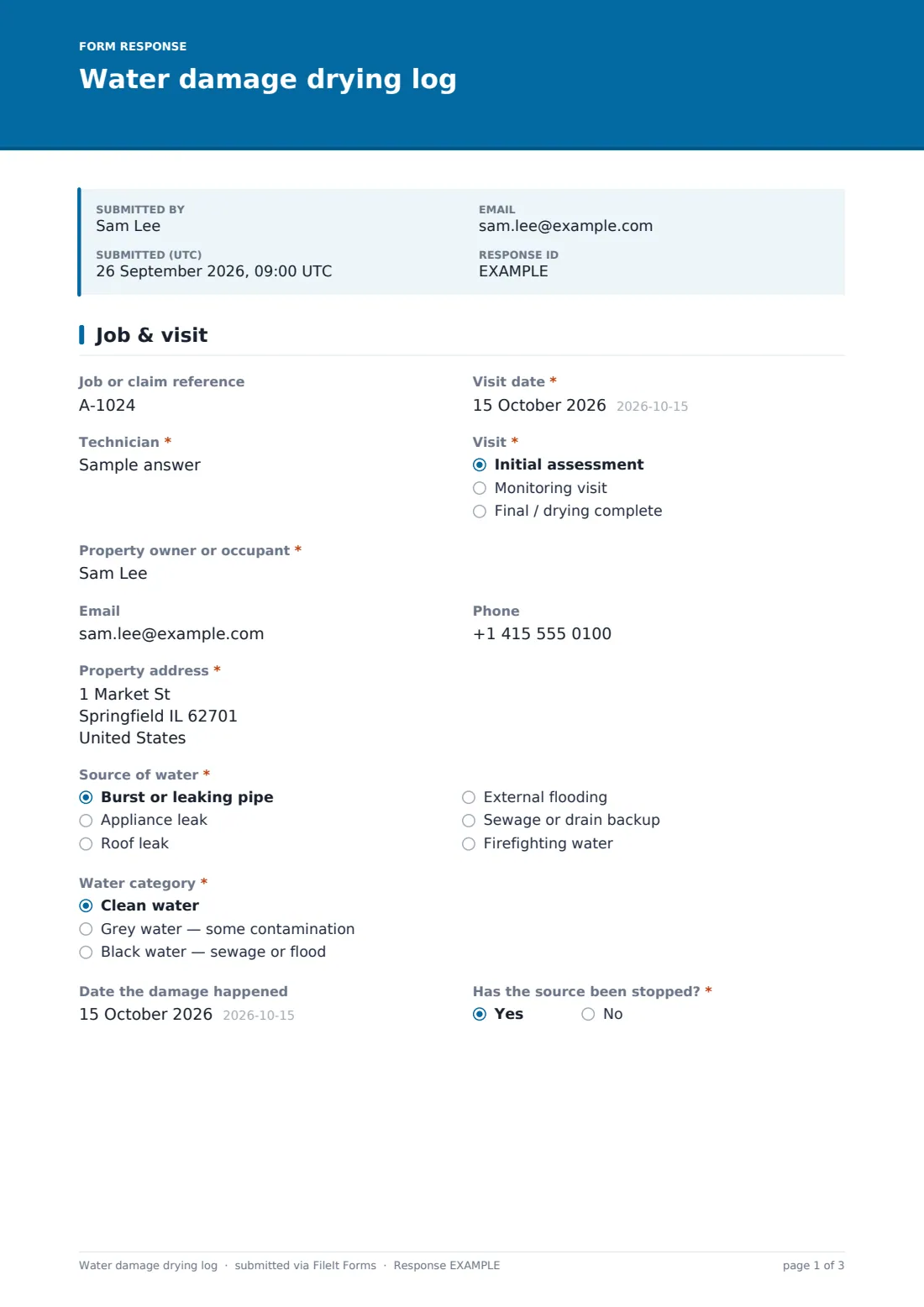 Water damage drying log — example response PDF, page 1 of 3