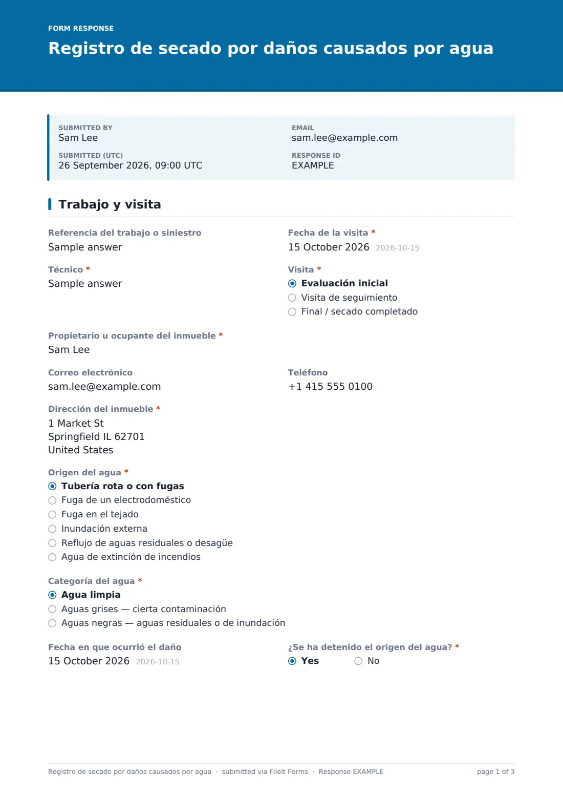 Registro de secado por daños causados por agua — PDF de respuesta de ejemplo, página 1 de 3