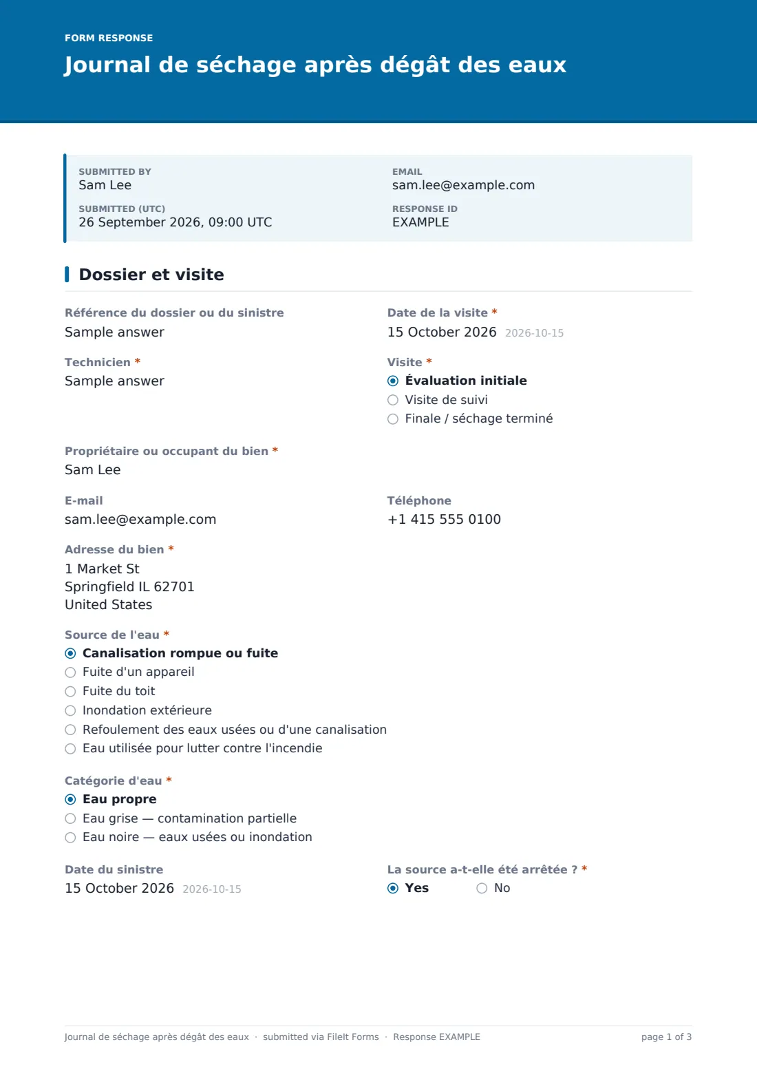 Journal de séchage après dégât des eaux — exemple de réponse au format PDF, page 1 sur 3