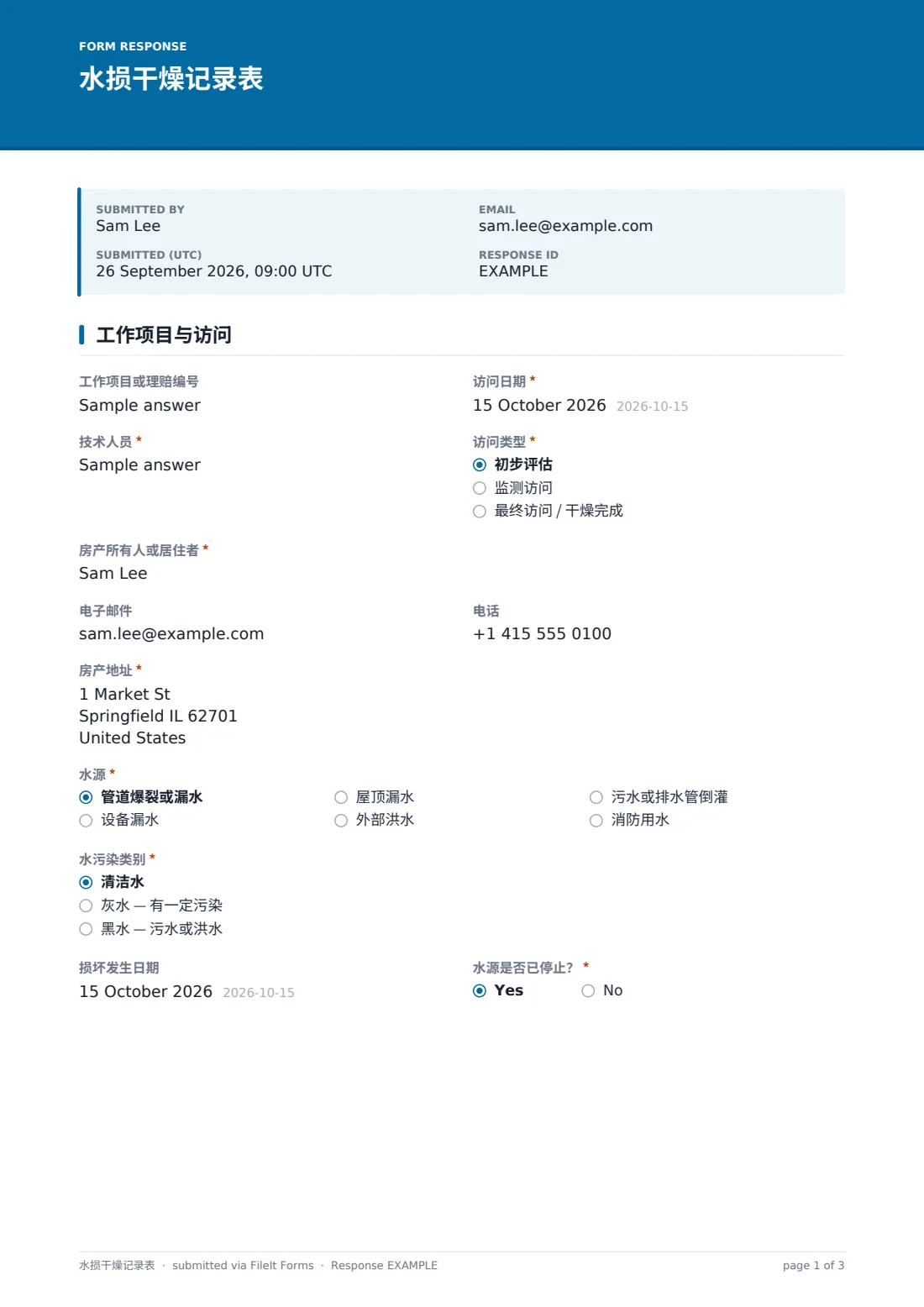 水损干燥记录表 — 示例回复 PDF，第 1 页，共 3 页