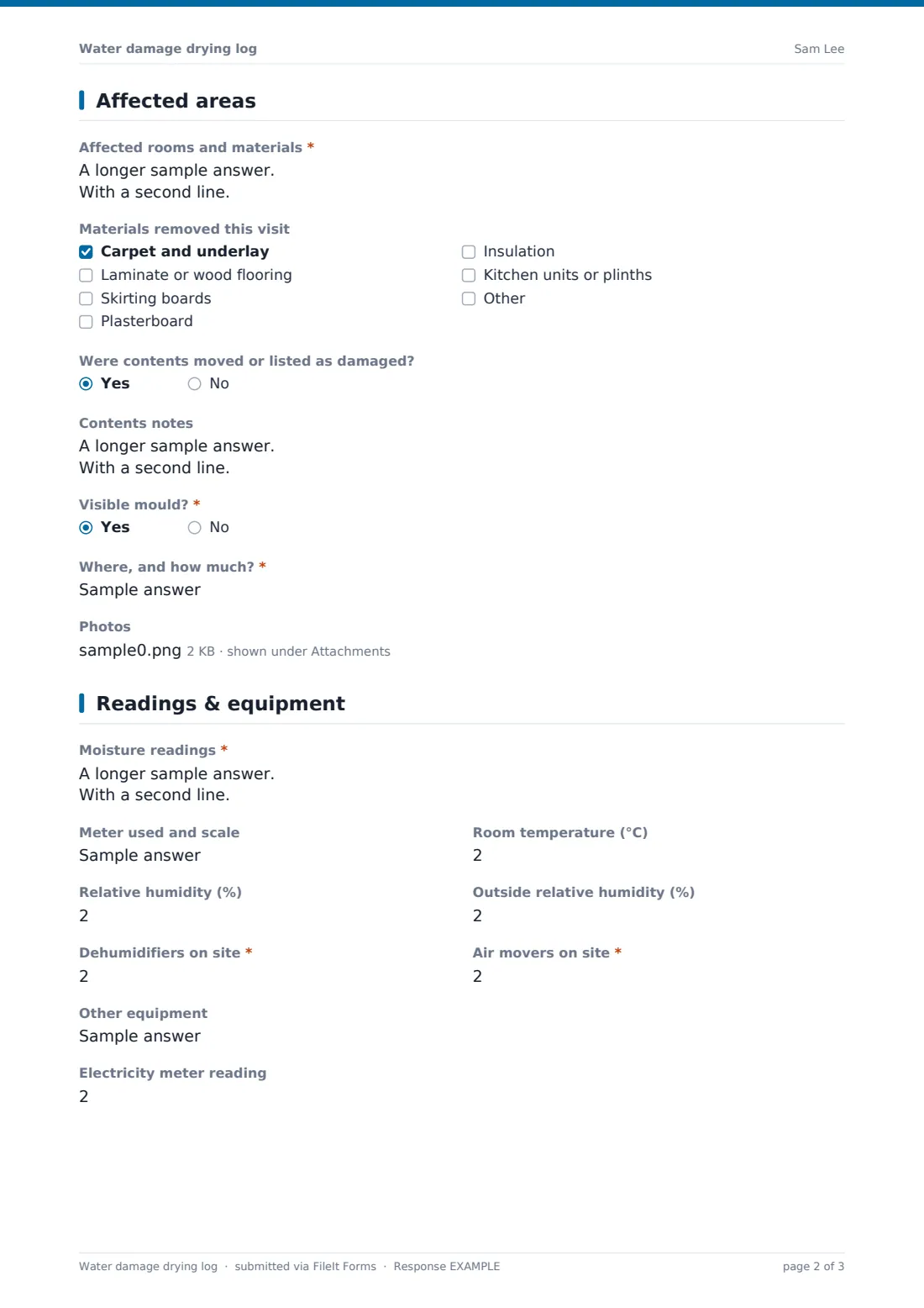 Water damage drying log — example response PDF, page 2 of 3