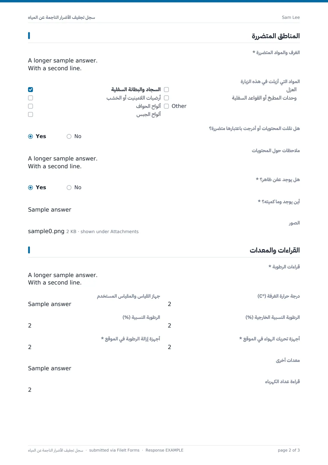 سجل تجفيف الأضرار الناجمة عن المياه — ملف PDF لرد نموذجي، الصفحة 2 من 3