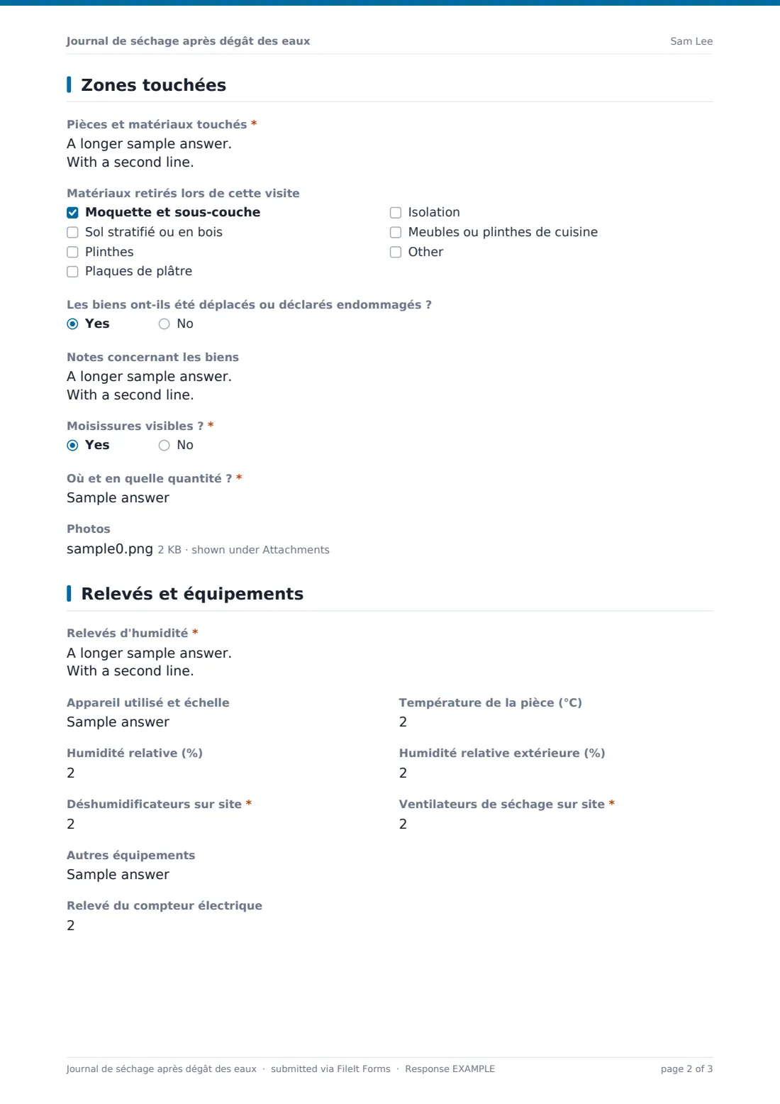 Journal de séchage après dégât des eaux — exemple de réponse au format PDF, page 2 sur 3