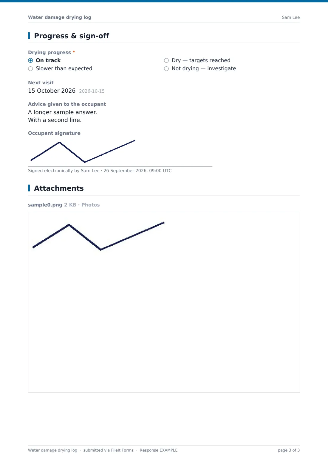 Water damage drying log — example response PDF, page 3 of 3