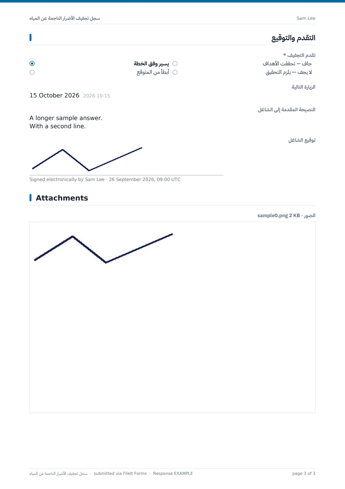 سجل تجفيف الأضرار الناجمة عن المياه — ملف PDF لرد نموذجي، الصفحة 3 من 3