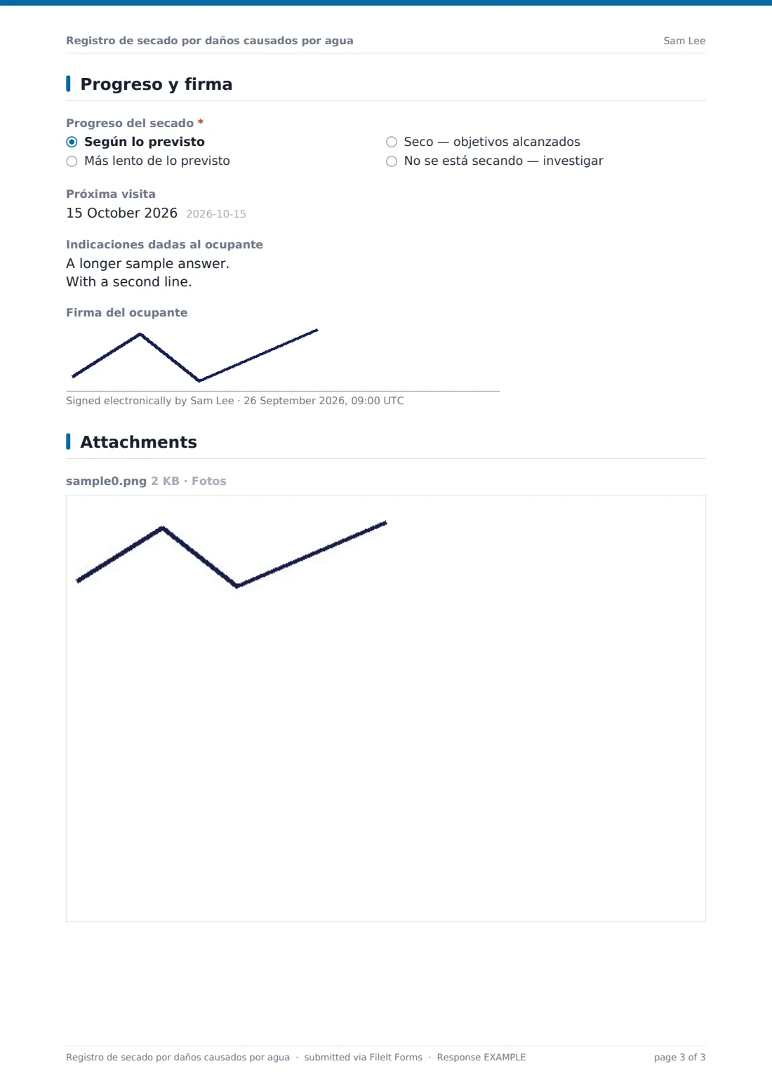 Registro de secado por daños causados por agua — PDF de respuesta de ejemplo, página 3 de 3