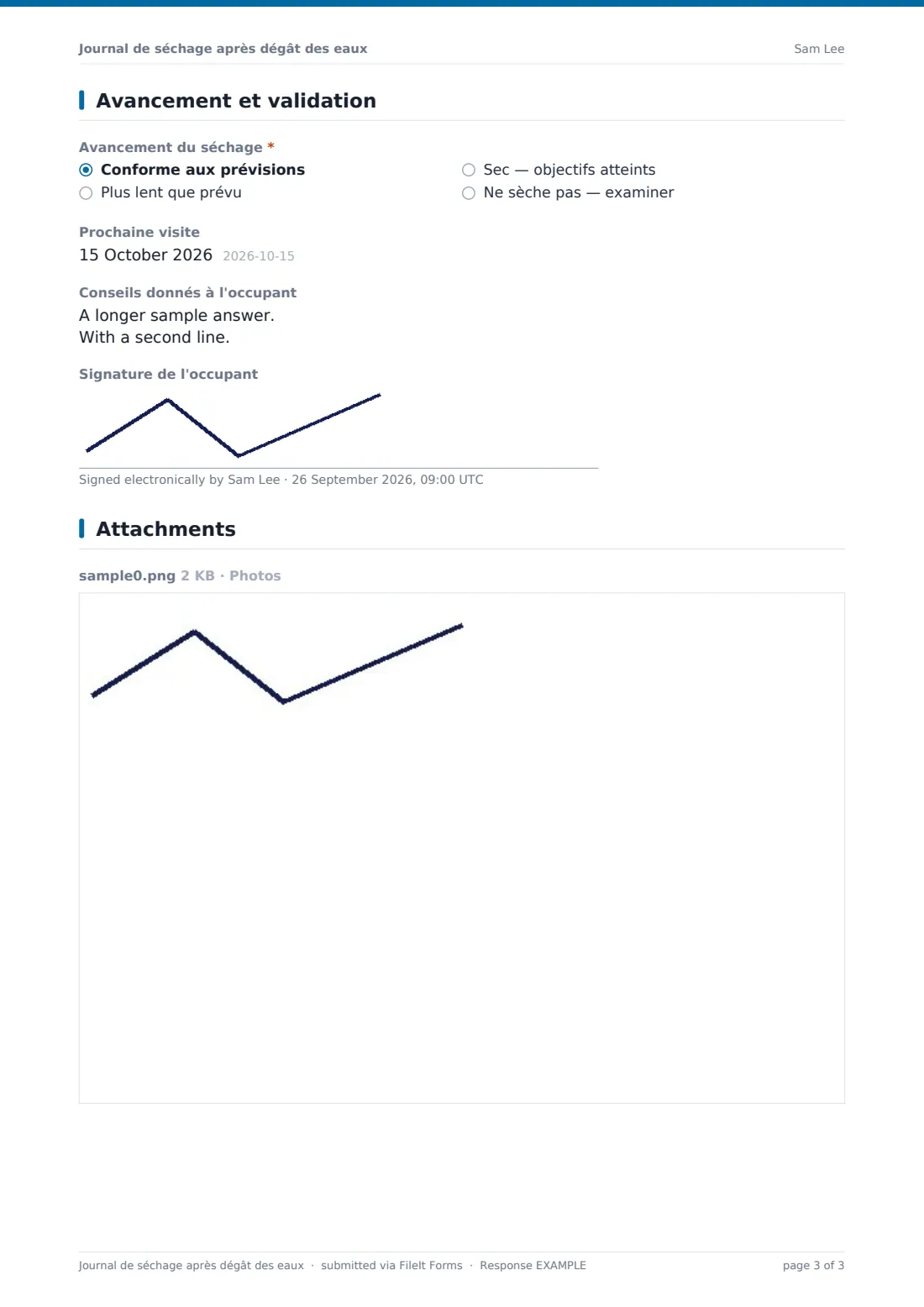 Journal de séchage après dégât des eaux — exemple de réponse au format PDF, page 3 sur 3