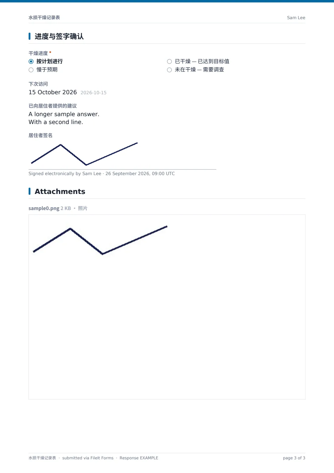 水损干燥记录表 — 示例回复 PDF，第 3 页，共 3 页