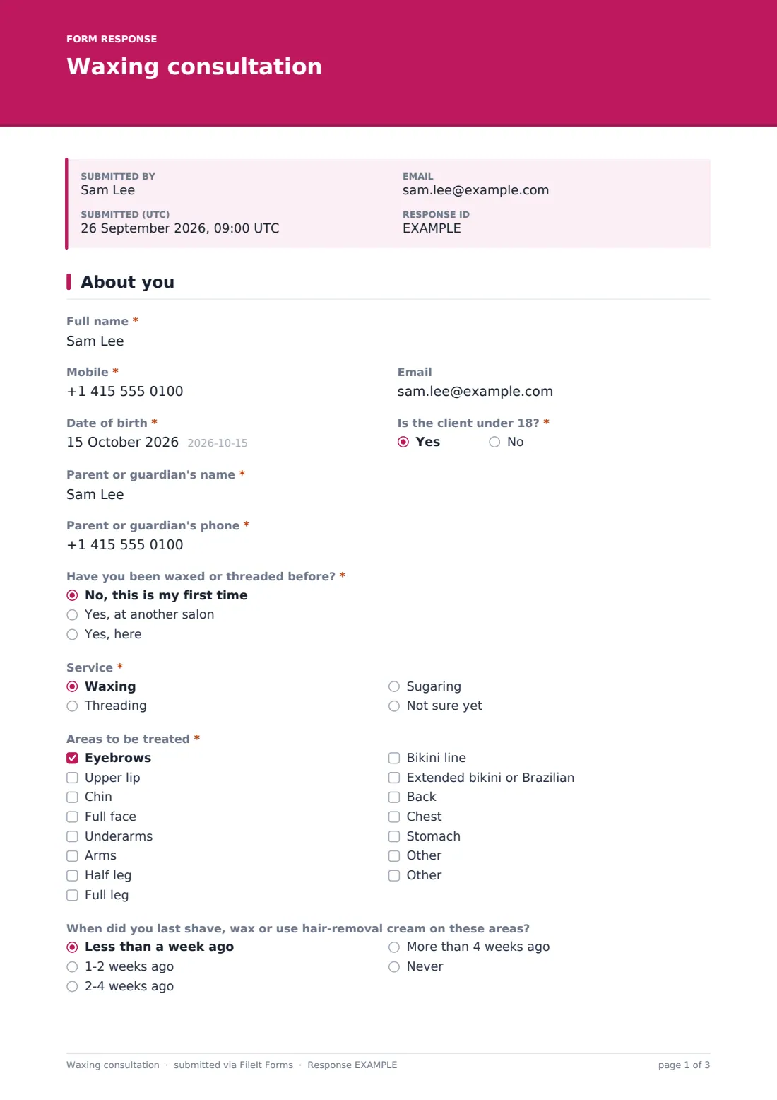 Waxing consultation — example response PDF, page 1 of 3
