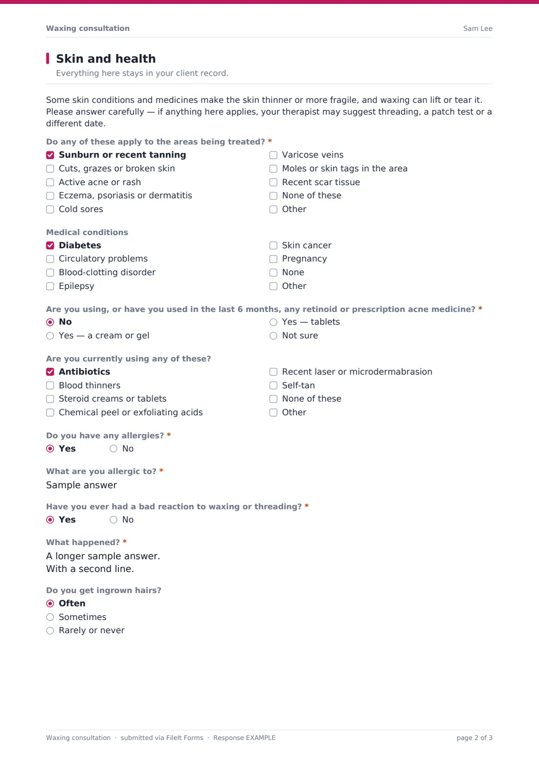 Waxing consultation — example response PDF, page 2 of 3