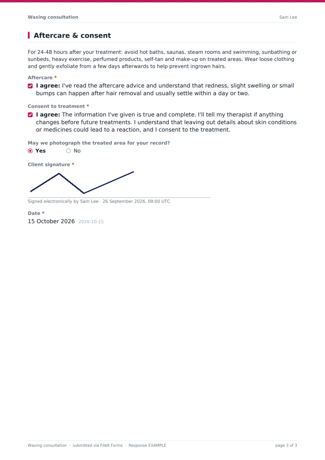 Waxing consultation — example response PDF, page 3 of 3