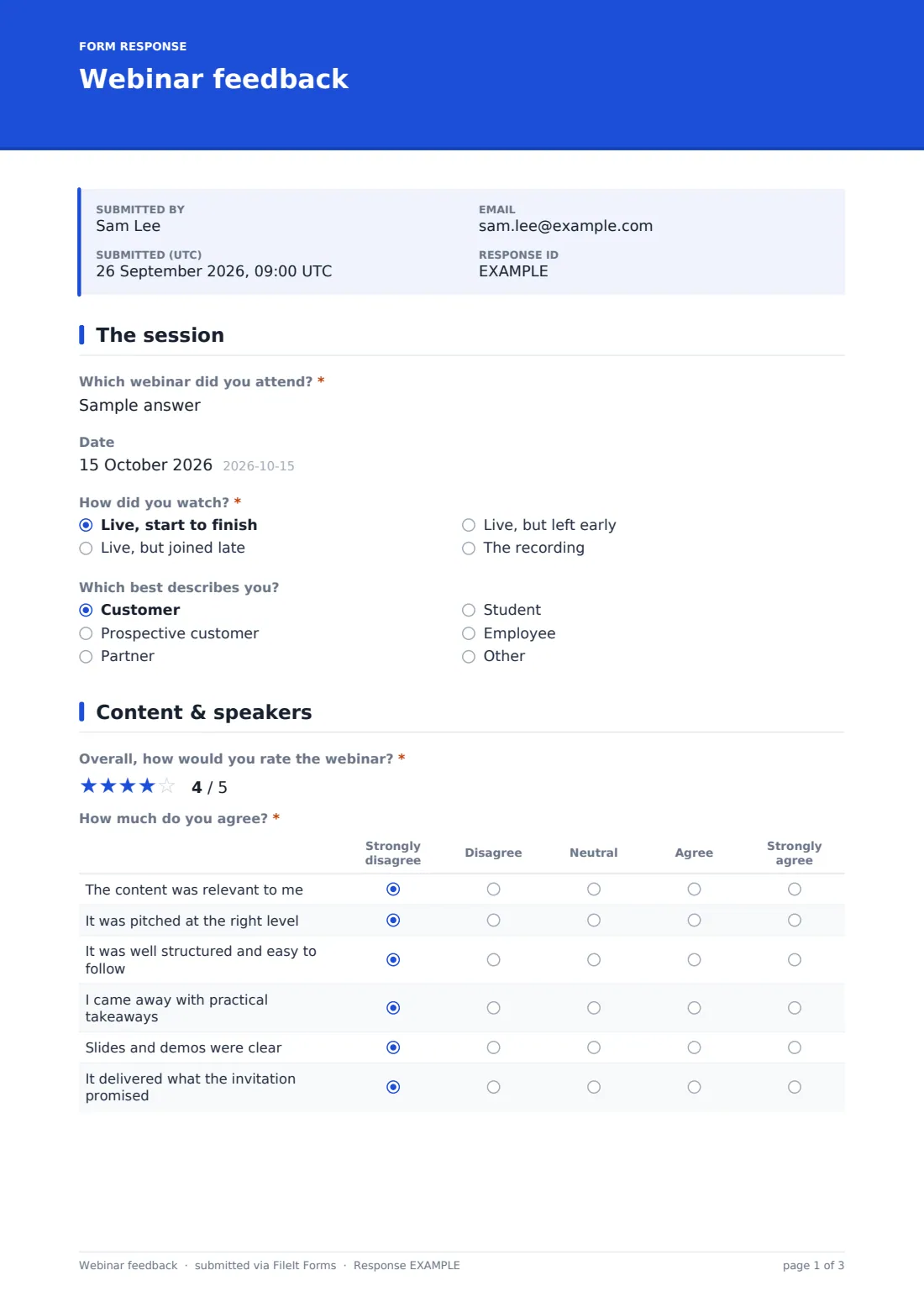 Webinar feedback — example response PDF, page 1 of 3