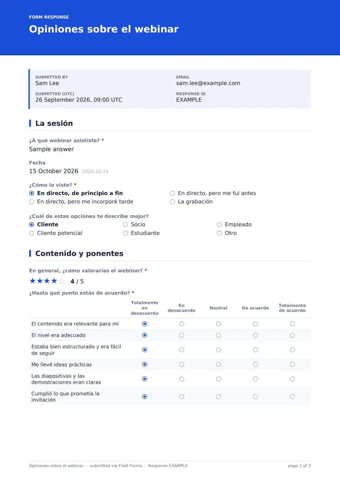 Opiniones sobre el webinar — PDF de respuesta de ejemplo, página 1 de 3