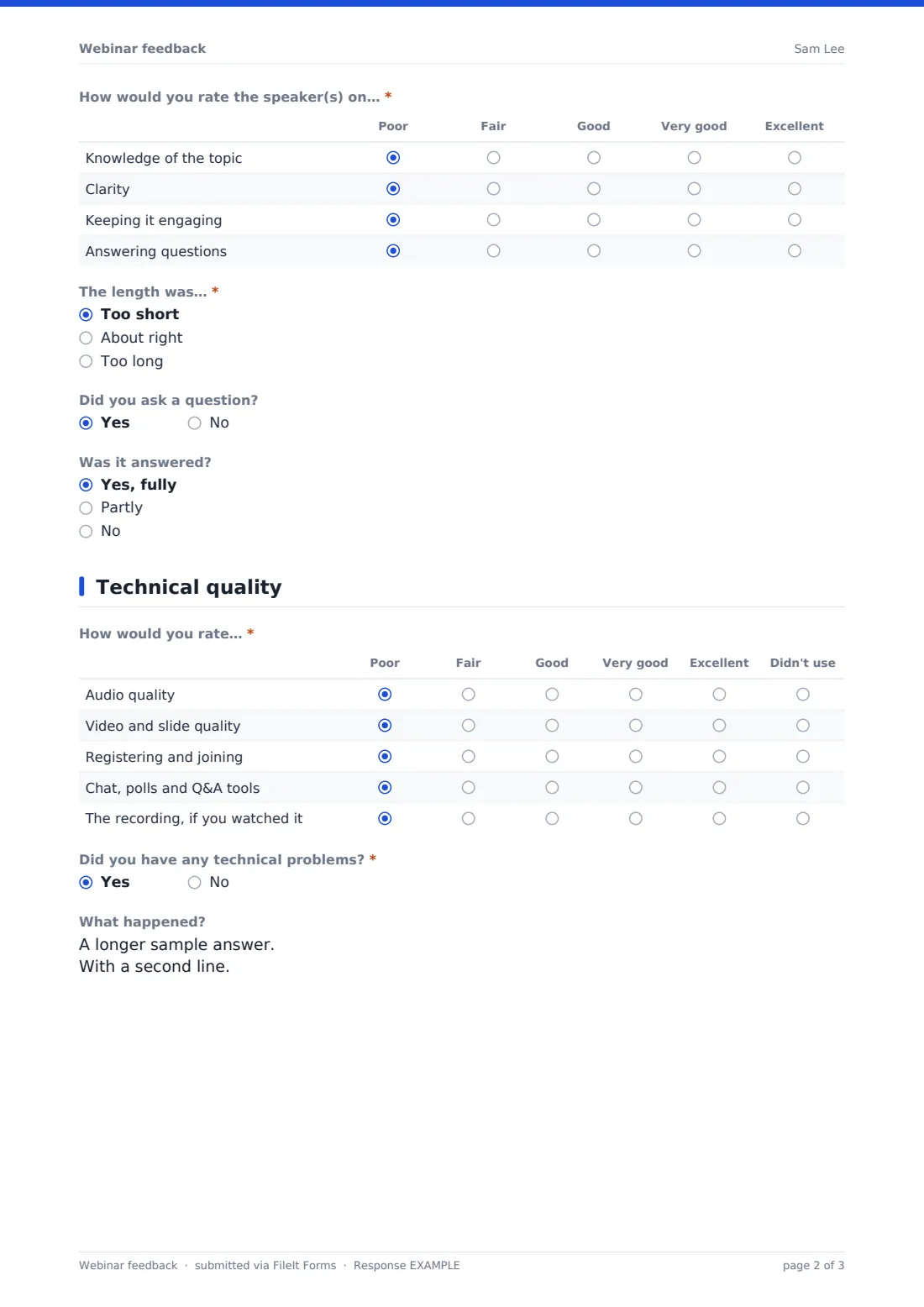 Webinar feedback — example response PDF, page 2 of 3