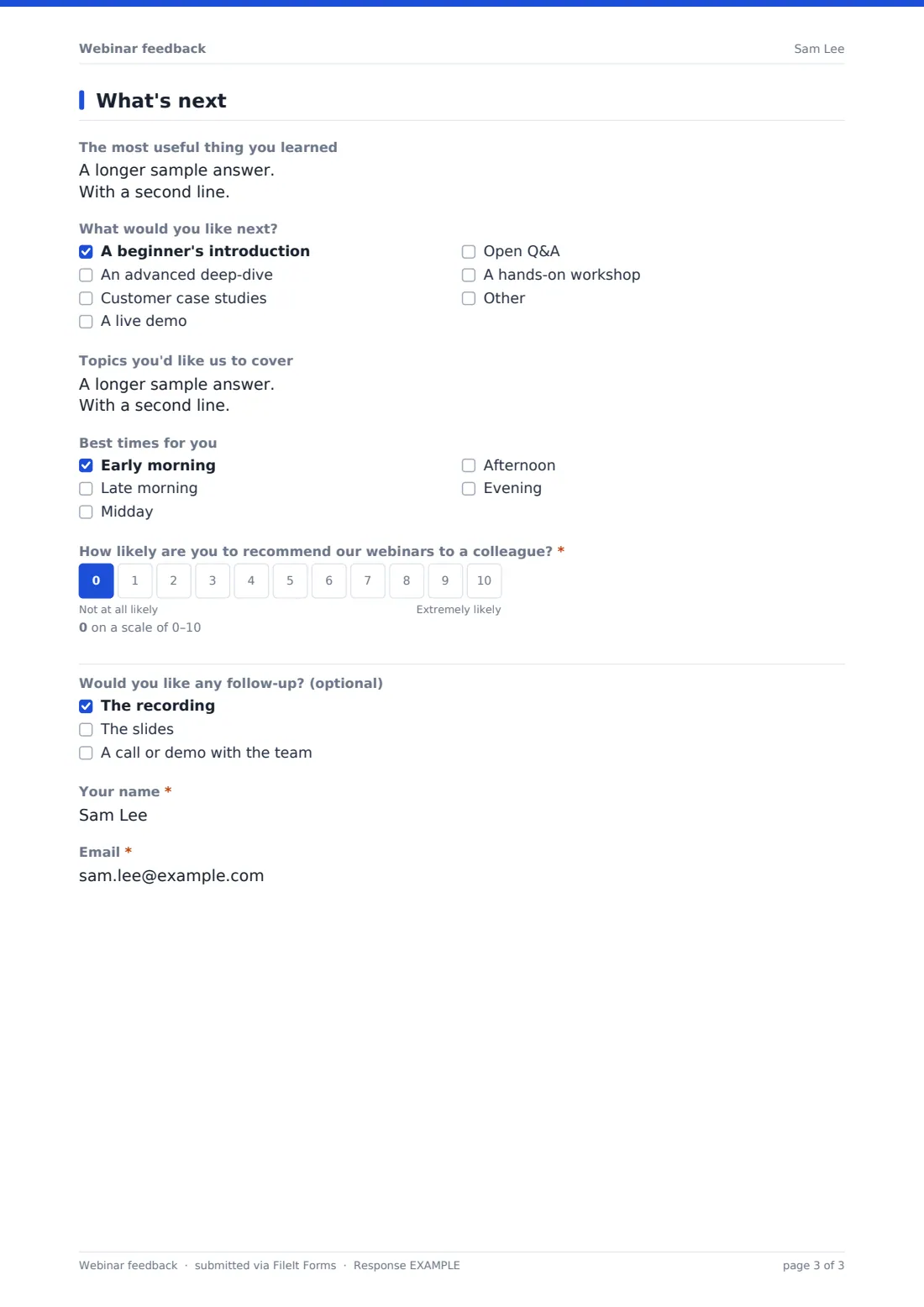 Webinar feedback — example response PDF, page 3 of 3