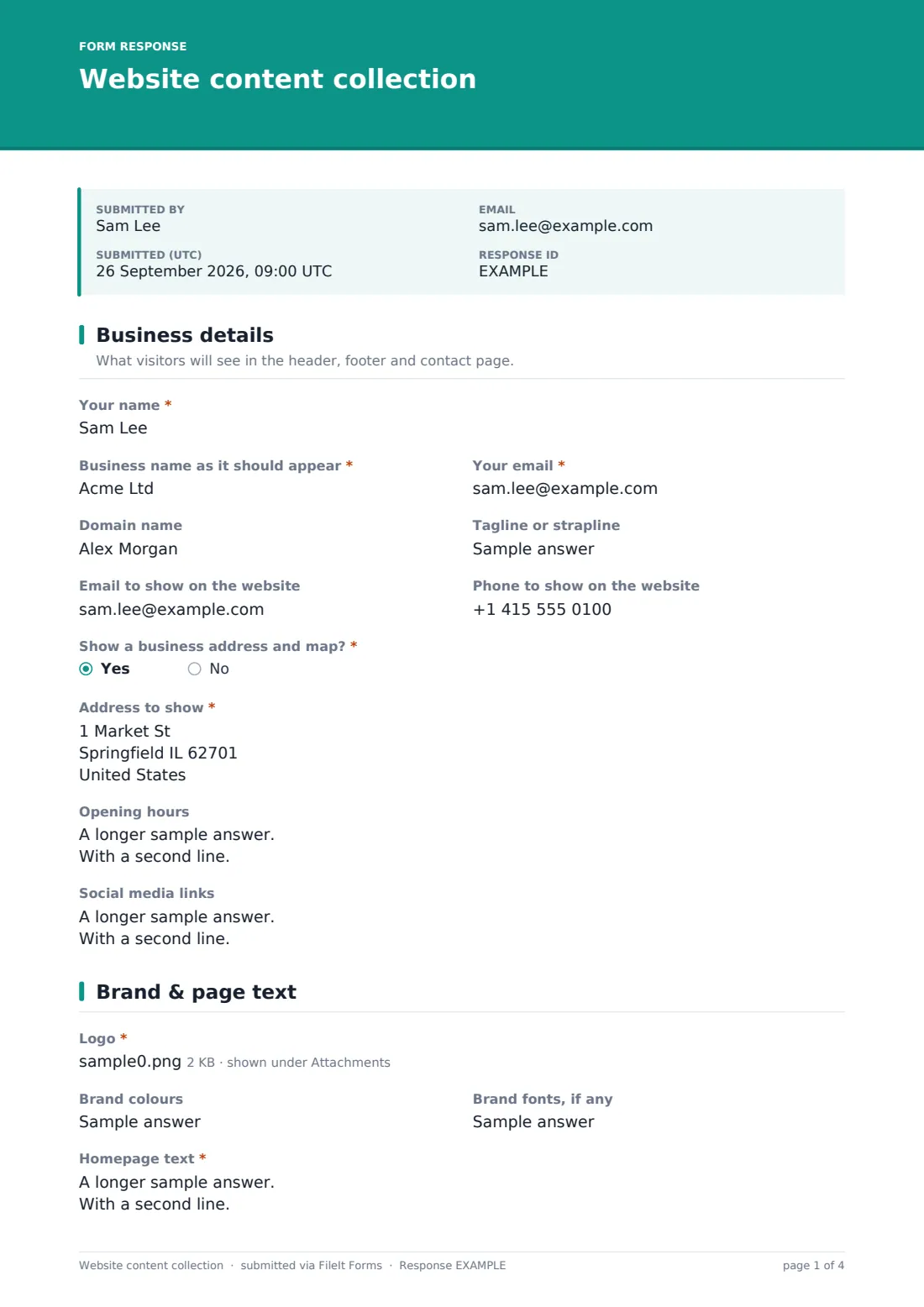 Website content collection — example response PDF, page 1 of 4