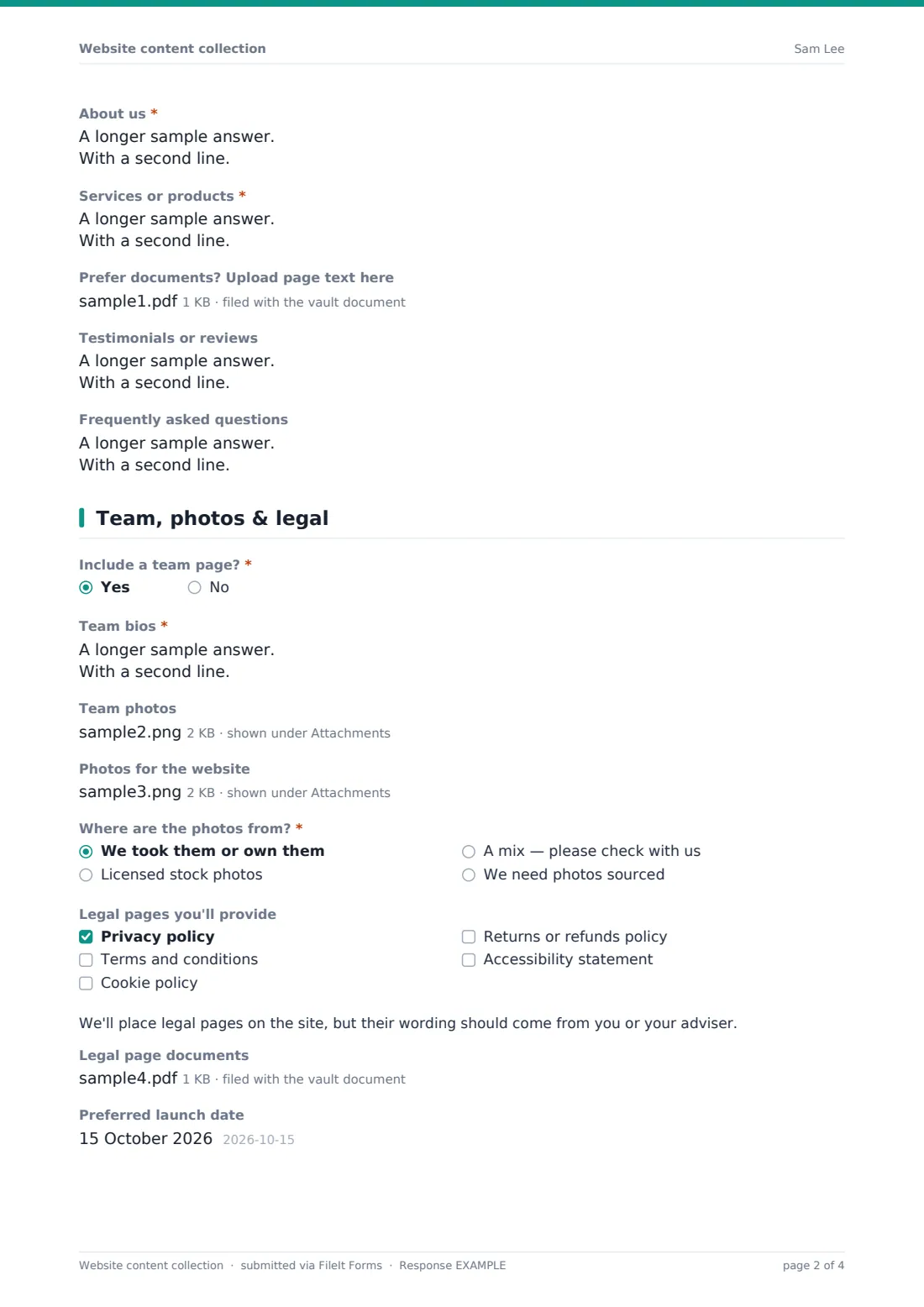 Website content collection — example response PDF, page 2 of 4
