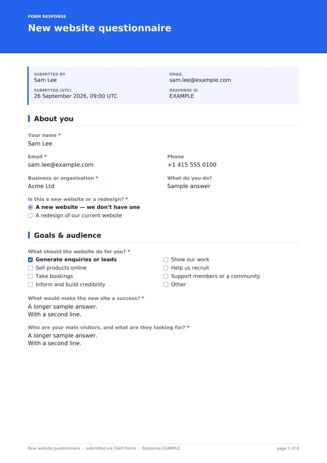 New website questionnaire — example response PDF, page 1 of 4