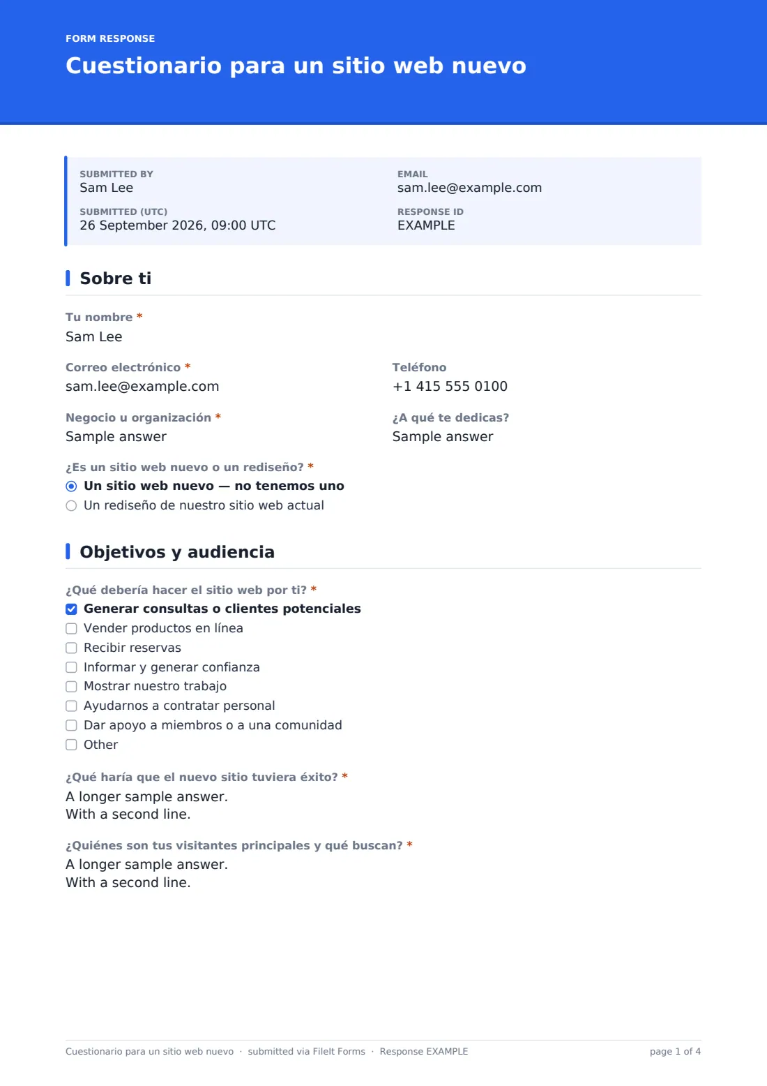 Cuestionario para un sitio web nuevo — PDF de respuesta de ejemplo, página 1 de 4